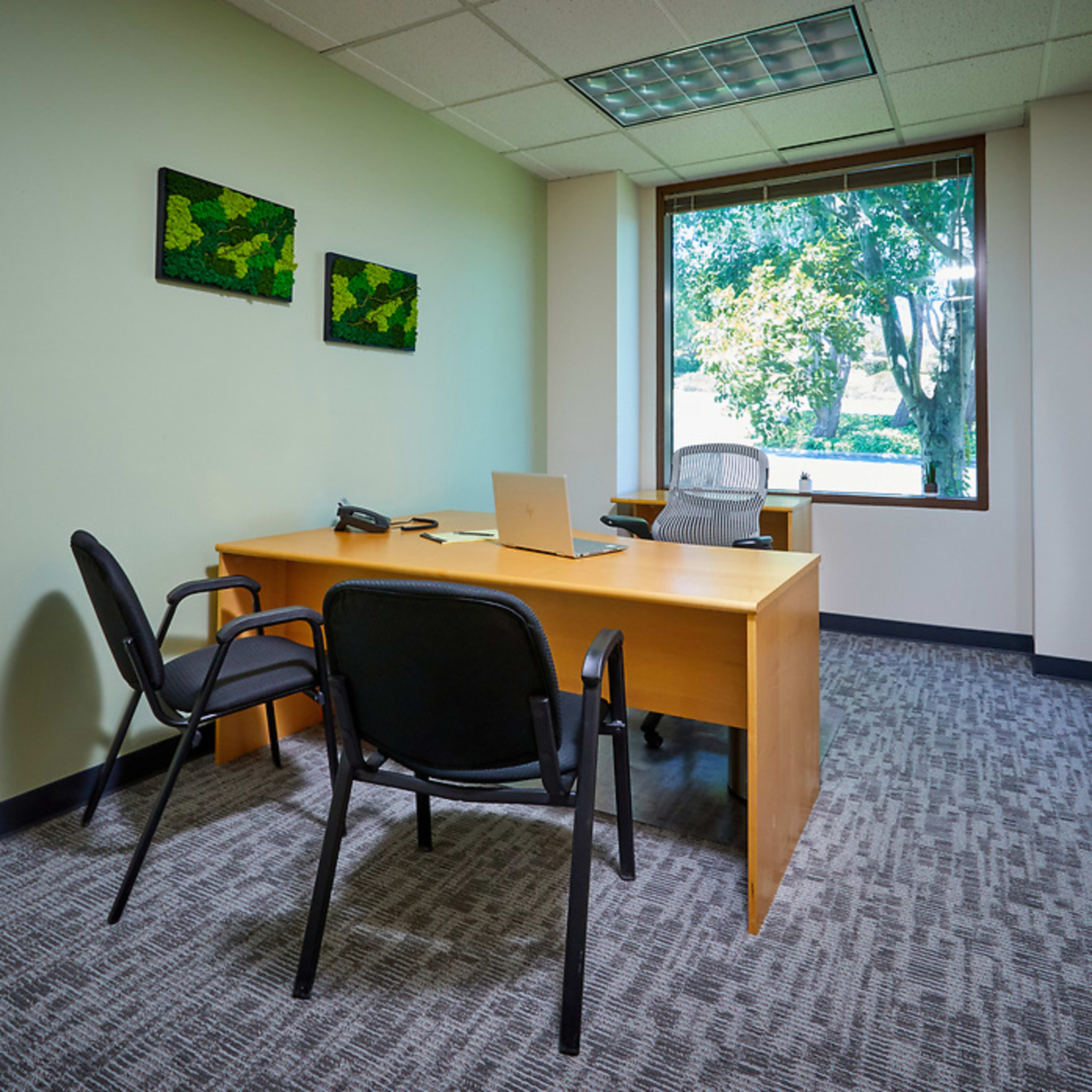 A small office with a wooden desk, two black chairs, a computer, and a television mounted on the wall, all with a window view of greenery outside.