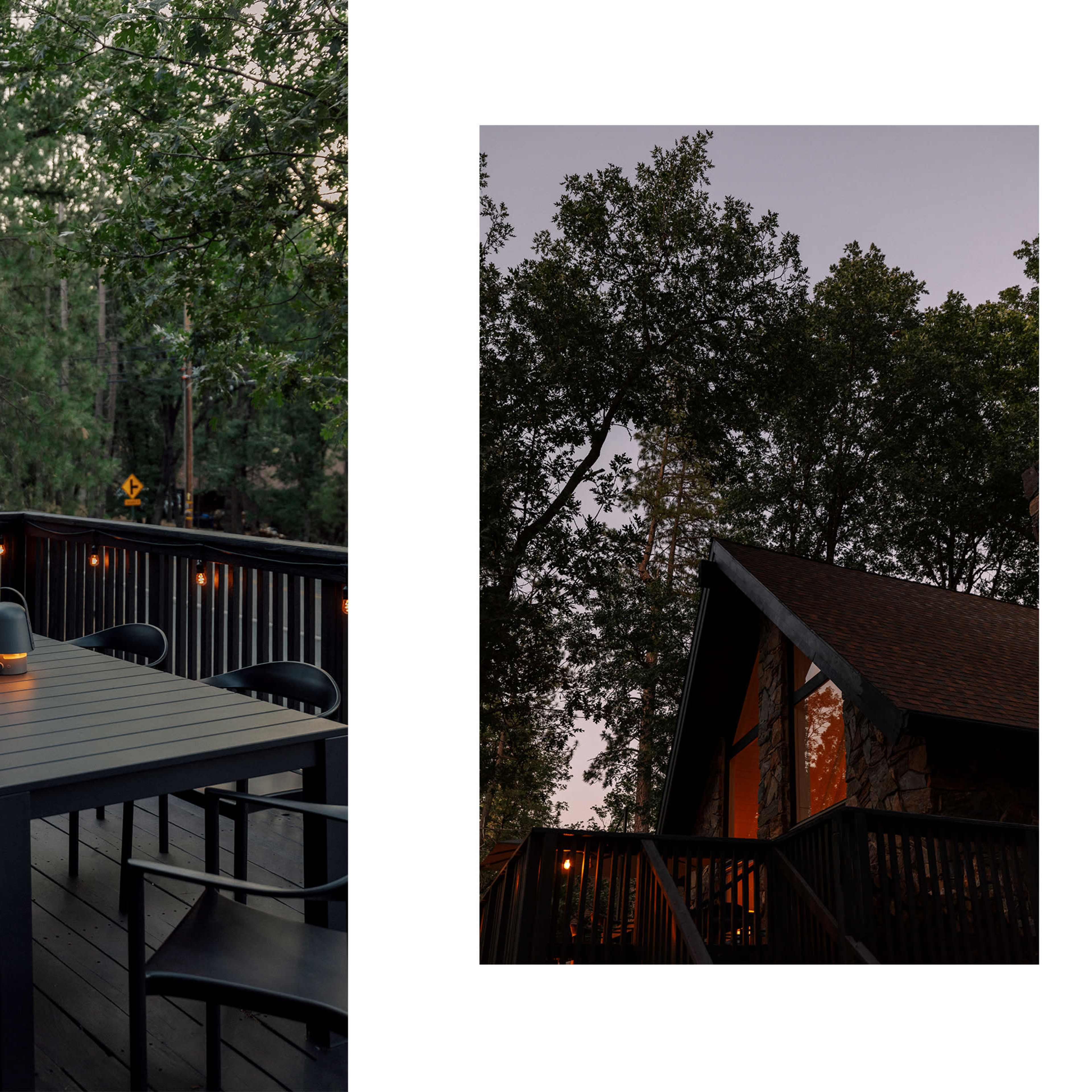 A wooden deck with a table and chairs is surrounded by trees, and an adjacent image features a view of a house roof under a twilight sky.