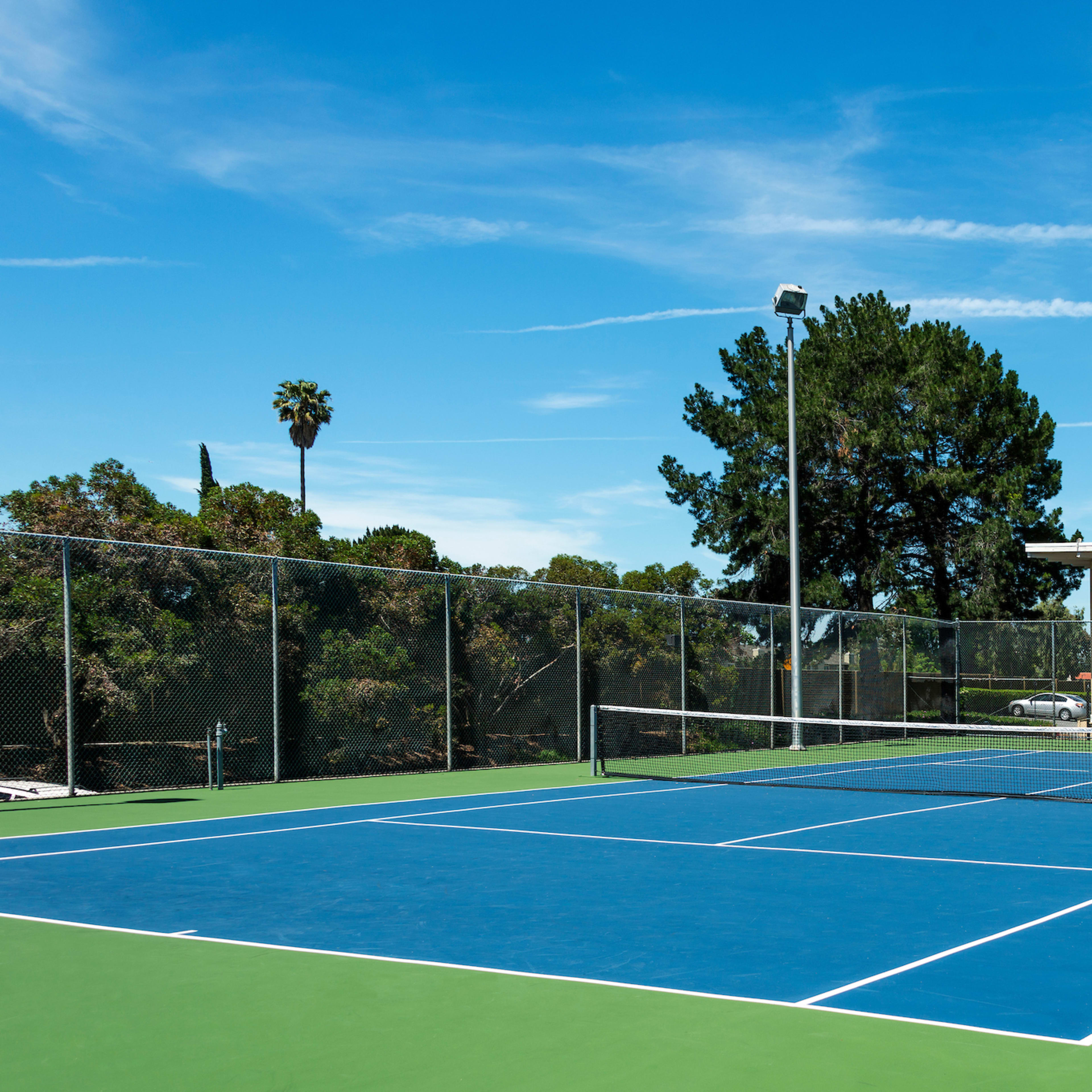 A bright outdoor tennis court with a green surface and blue lines is bordered by trees and a building in the background.