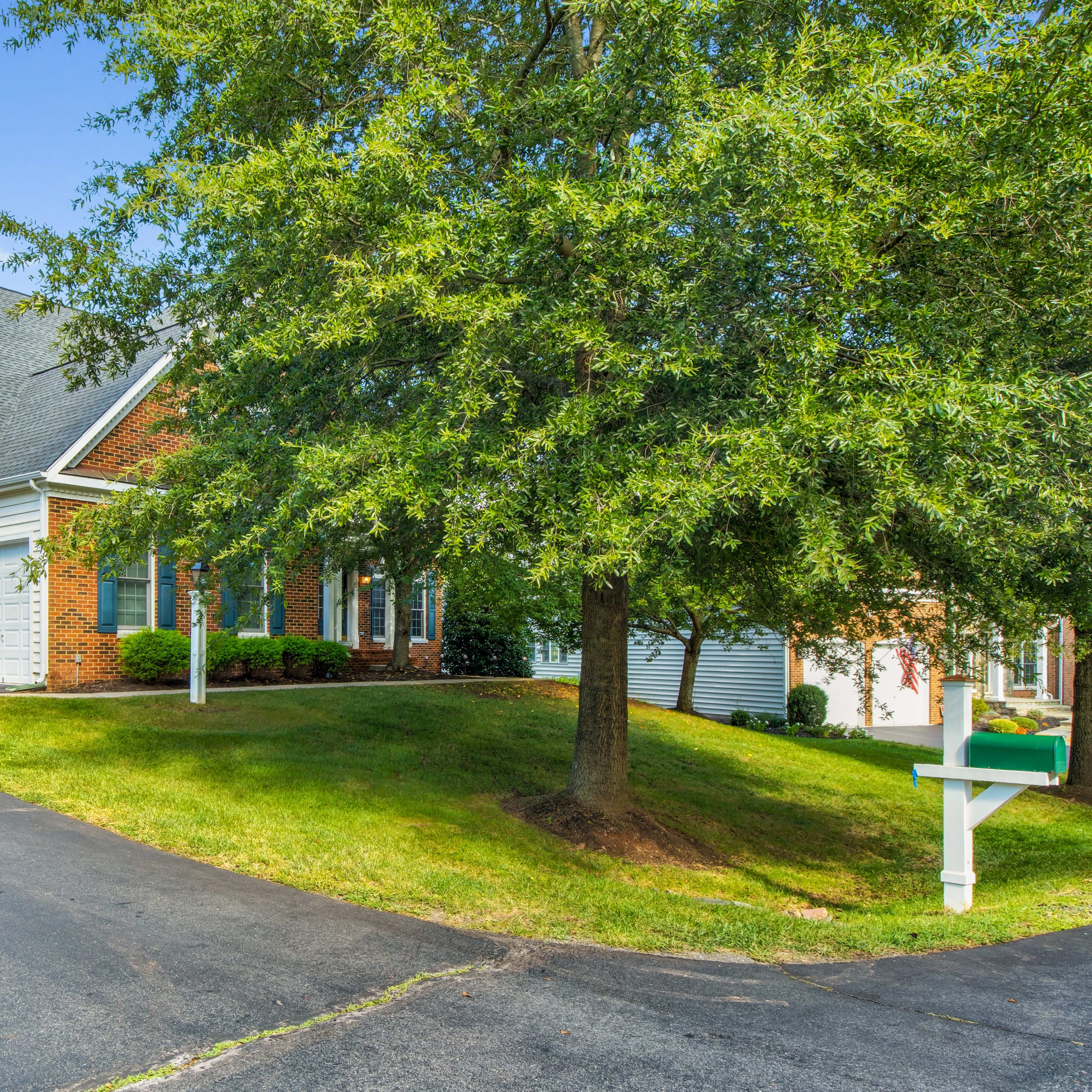 A brick and siding house with a curved driveway and a large tree in the front yard is surrounded by neatly mowed grass.