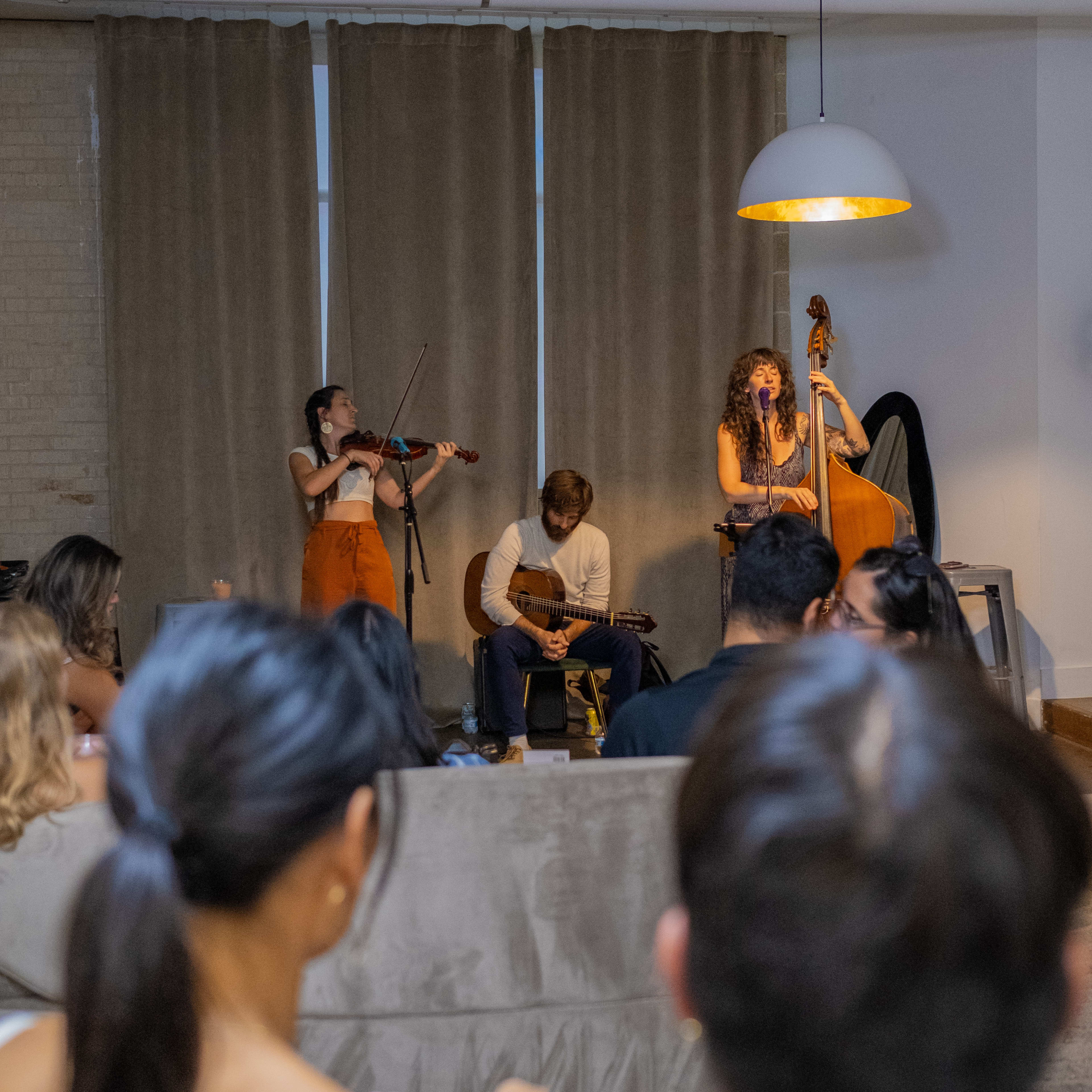 A musician plays a double bass while another plays a violin and a guitarist accompanies them in a cozy indoor setting with an audience facing the performance.