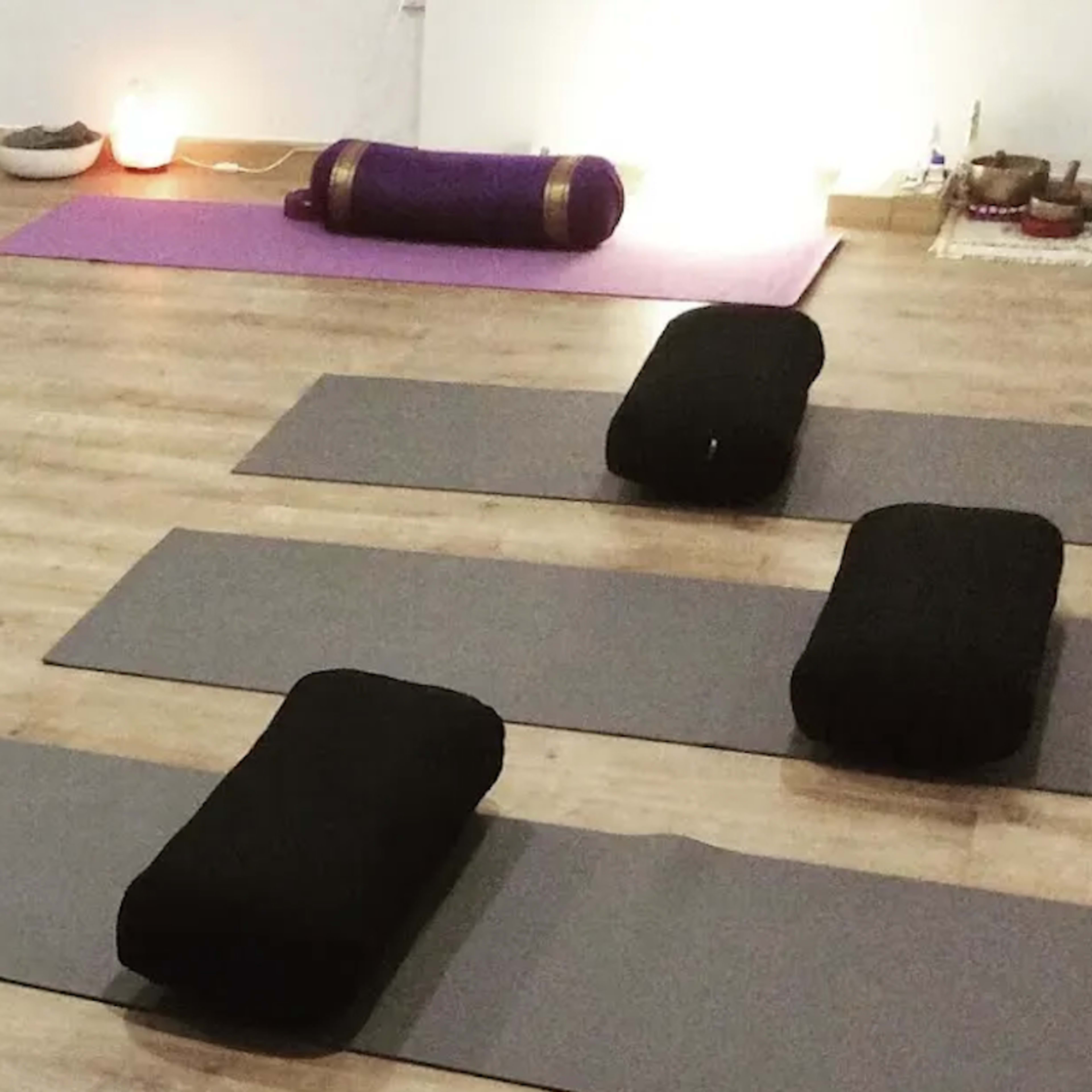 A yoga studio with black bolsters placed on gray mats arranged neatly across a wooden floor, with a purple mat set up at the back.