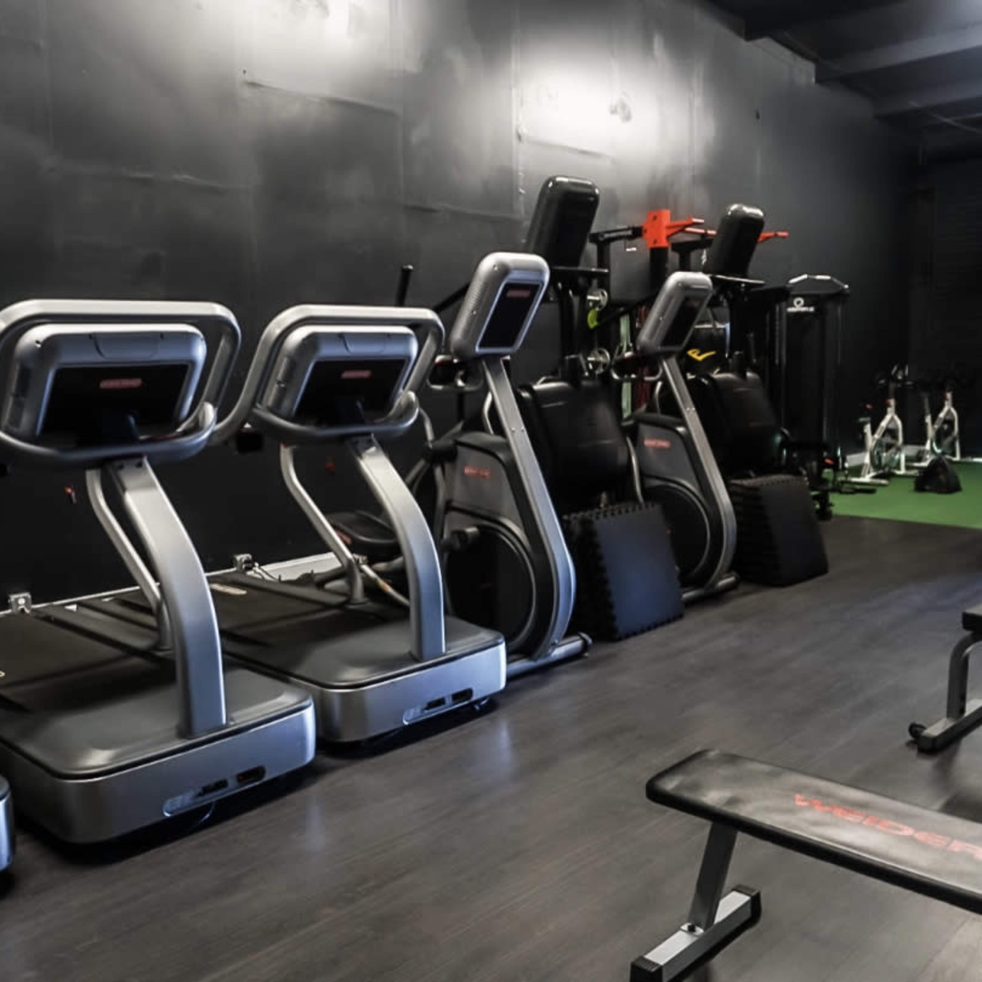 A gym with several treadmill machines lined up against a black wall, along with various exercise equipment in the background.