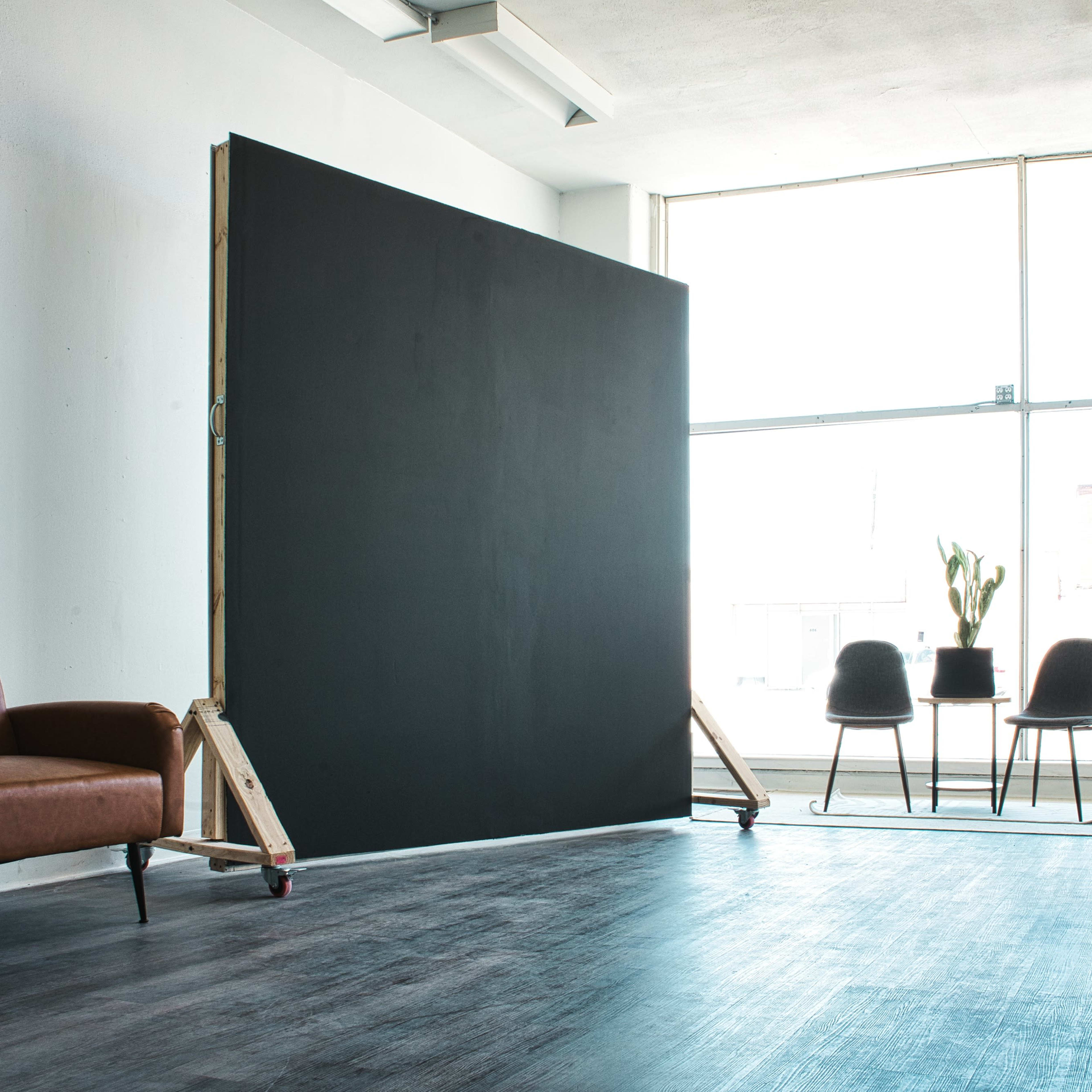 A large black backdrop is positioned in a spacious, well-lit room with a brown leather couch, two chairs, and potted plants visible near a window.