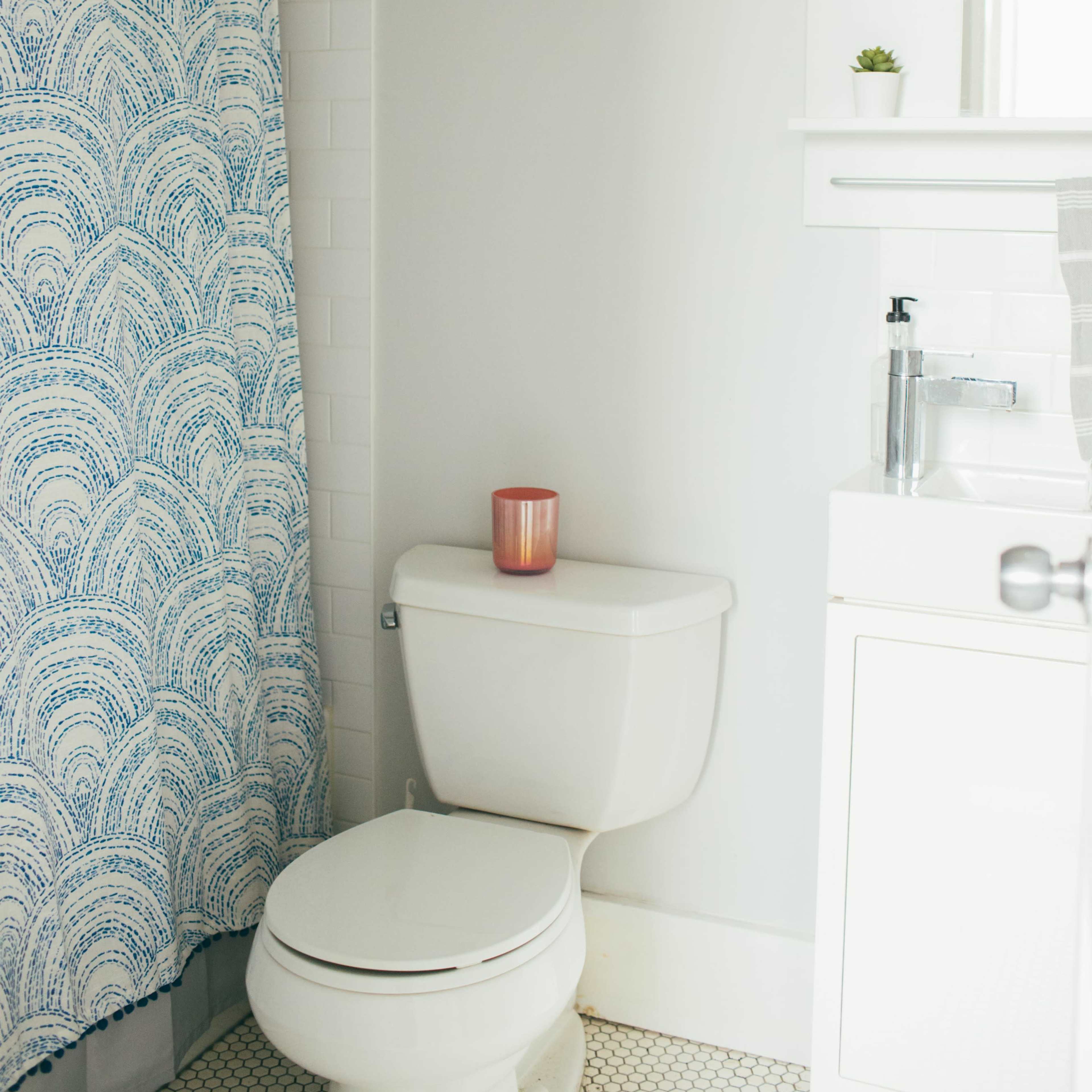 A bathroom featuring a toilet next to a shower with a patterned curtain, a sink with a mirror, and a small shelf displaying potted plants.