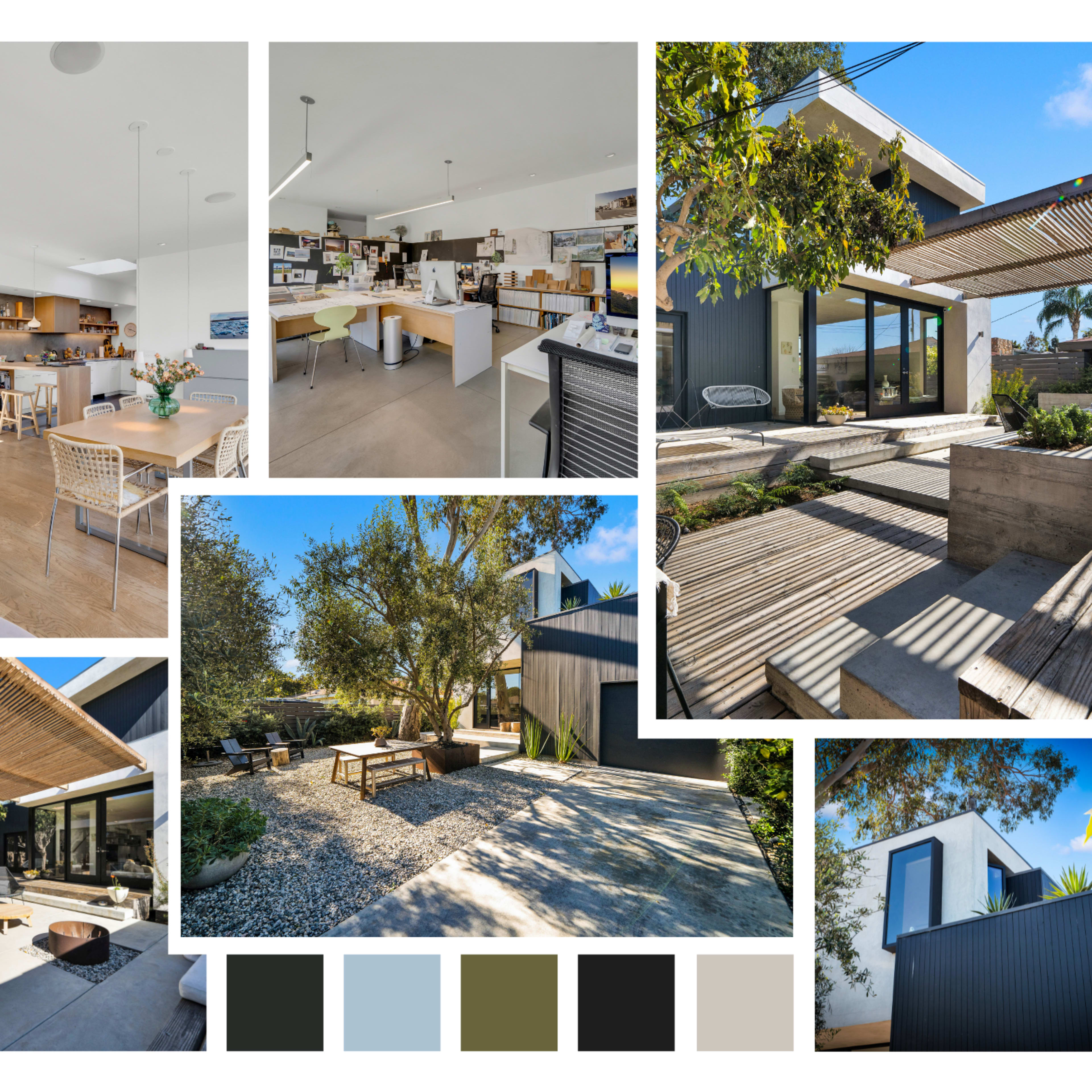 A modern home with a spacious open-plan interior, including a kitchen and living area, and an outdoor space with wooden decking and landscaped gardens.