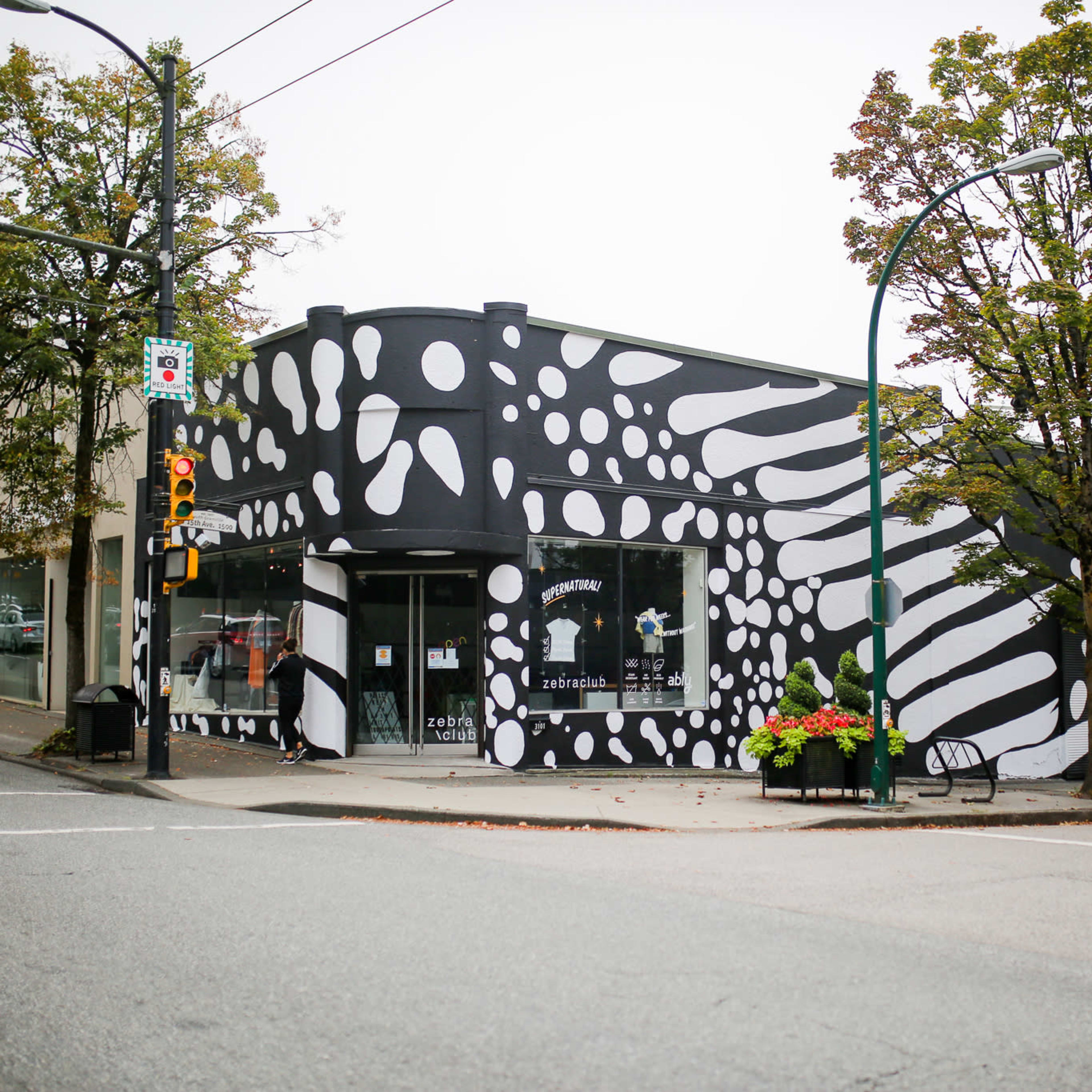 A building with a black and white striped mural on its exterior, located on a street corner with trees and parked cars nearby.