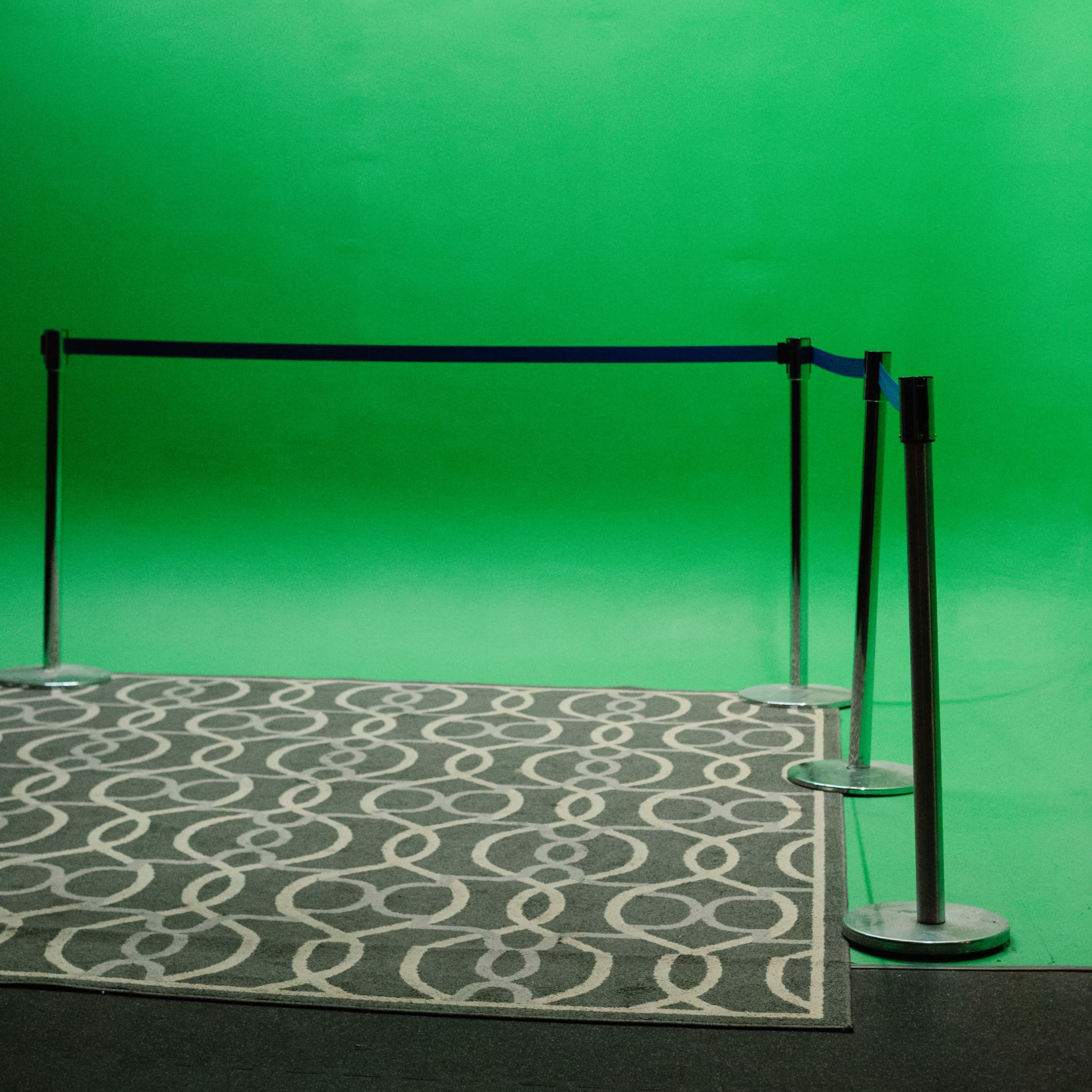 A green screen backdrop is set up with a patterned rug in front and a barrier nearby.
