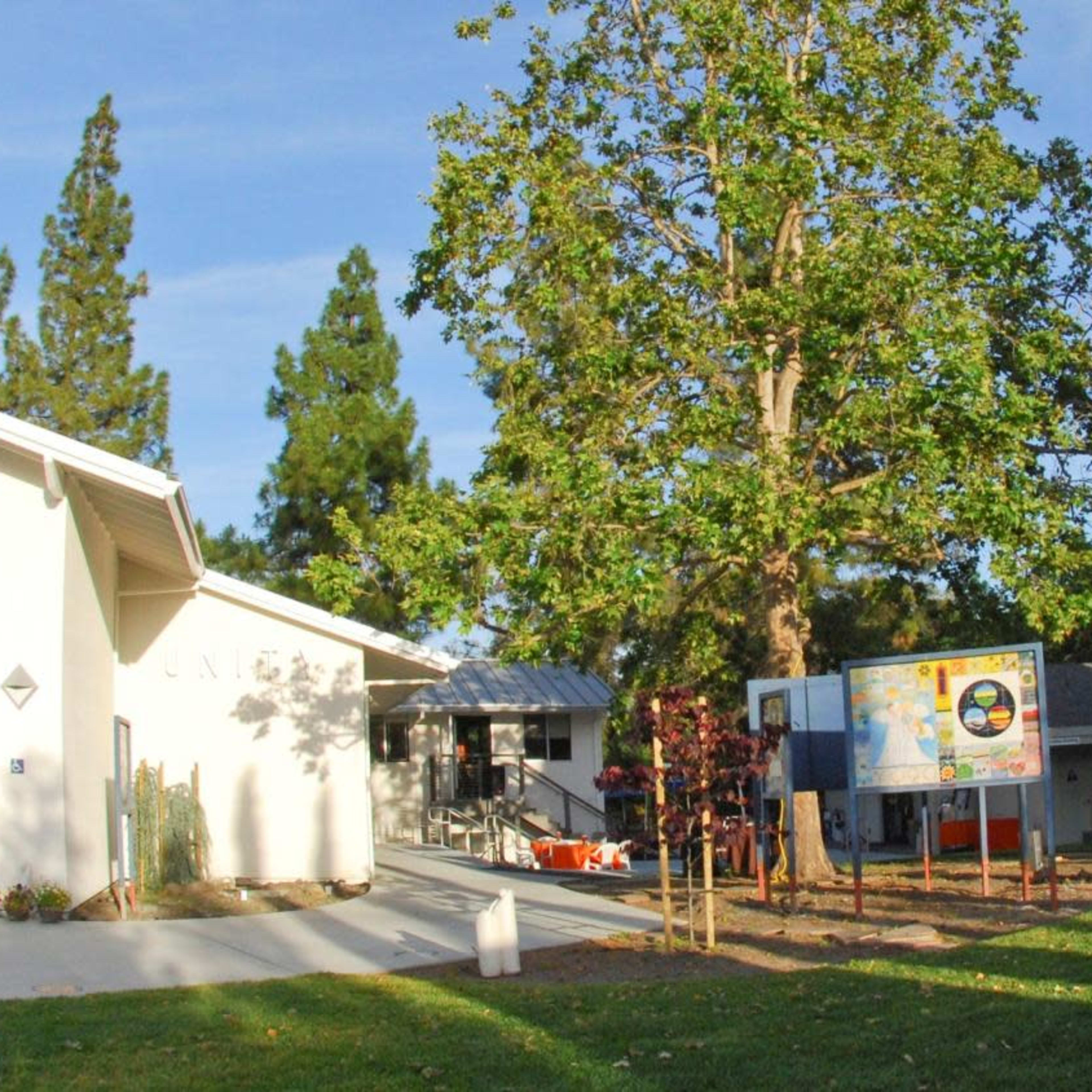 A modern, single-story building with a colorful glass entrance surrounded by greenery and a large tree.