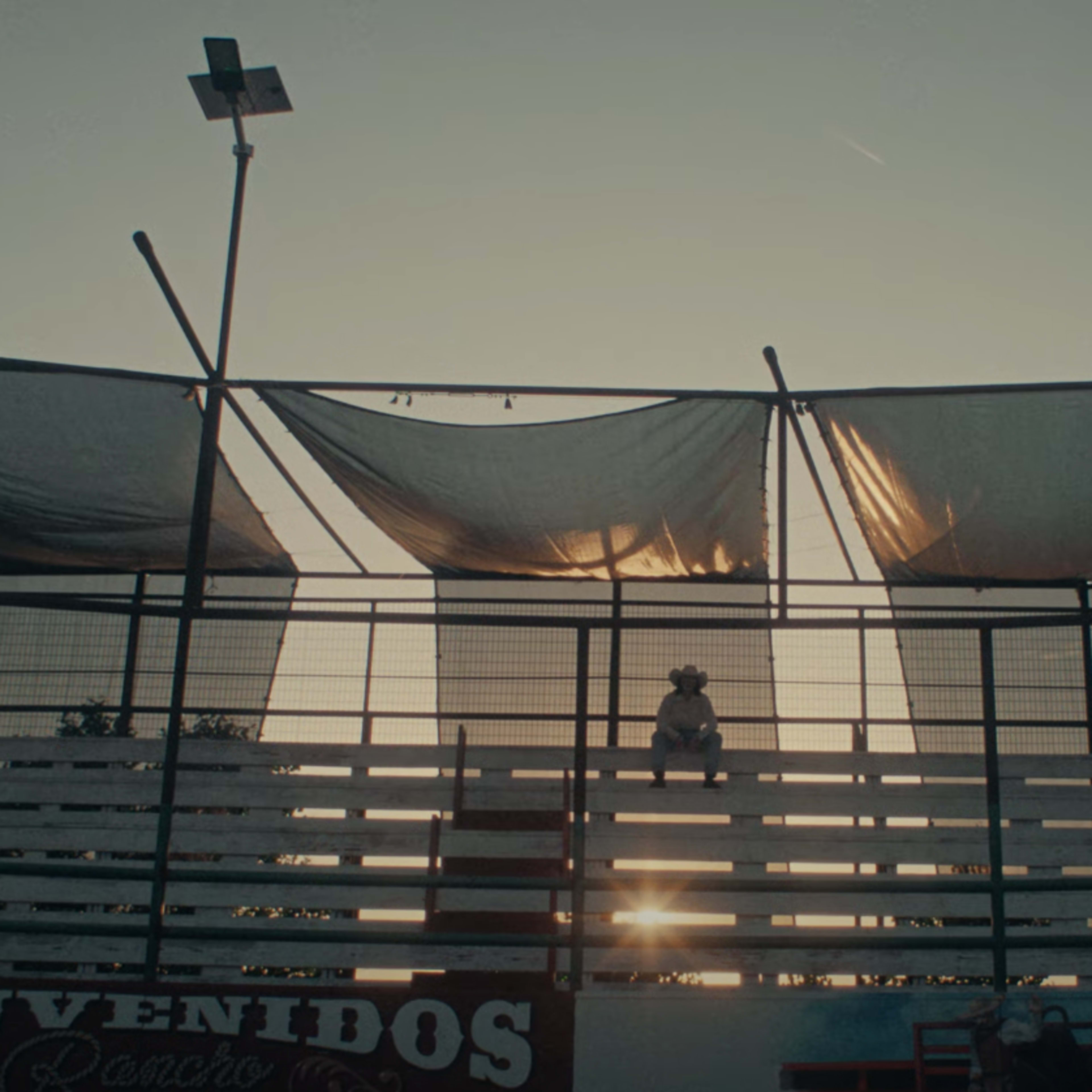 A person sits alone in the bleachers of a sports arena with a sunset illuminating the scene.