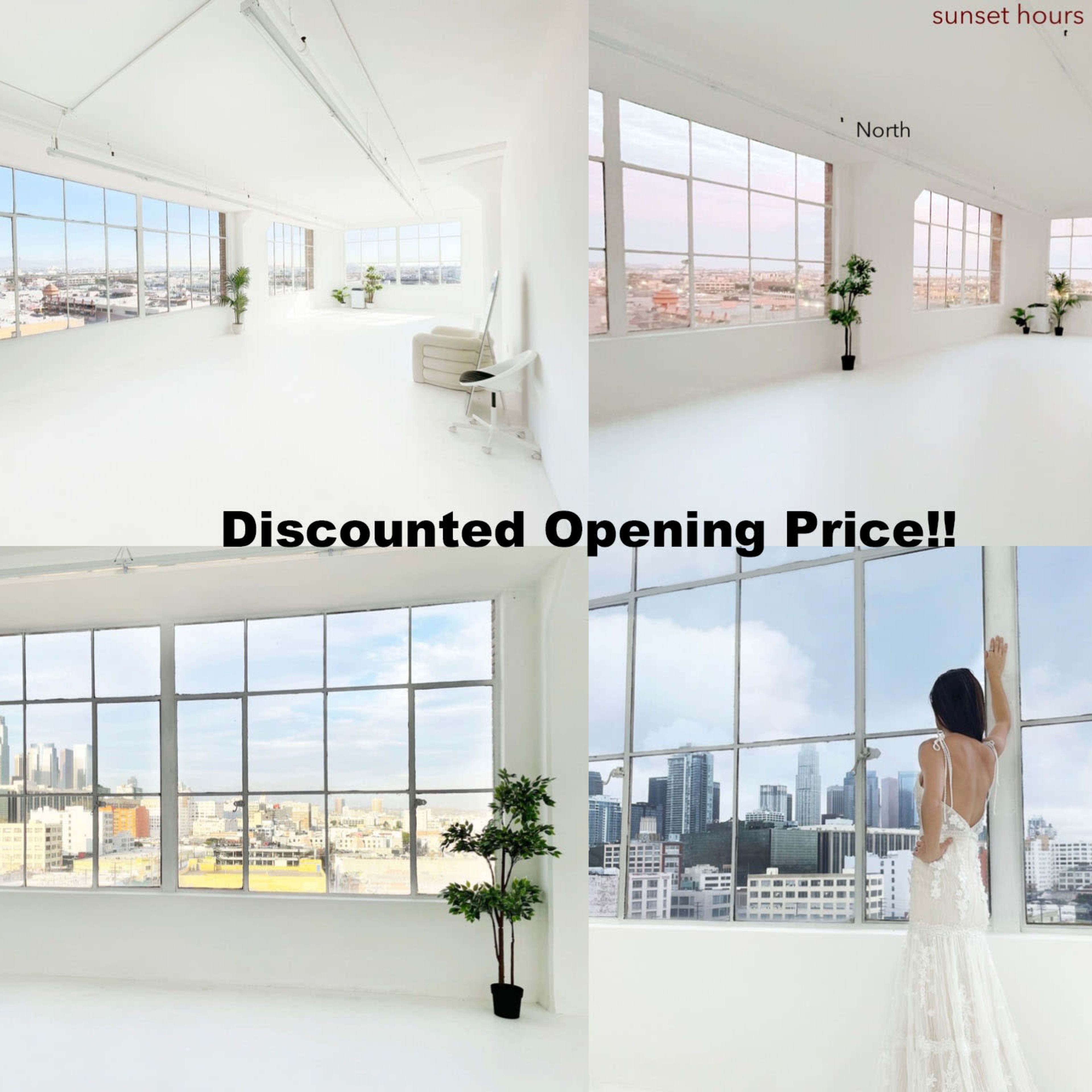A spacious, brightly lit studio with large windows offering city views, along with text highlighting a discounted opening price.