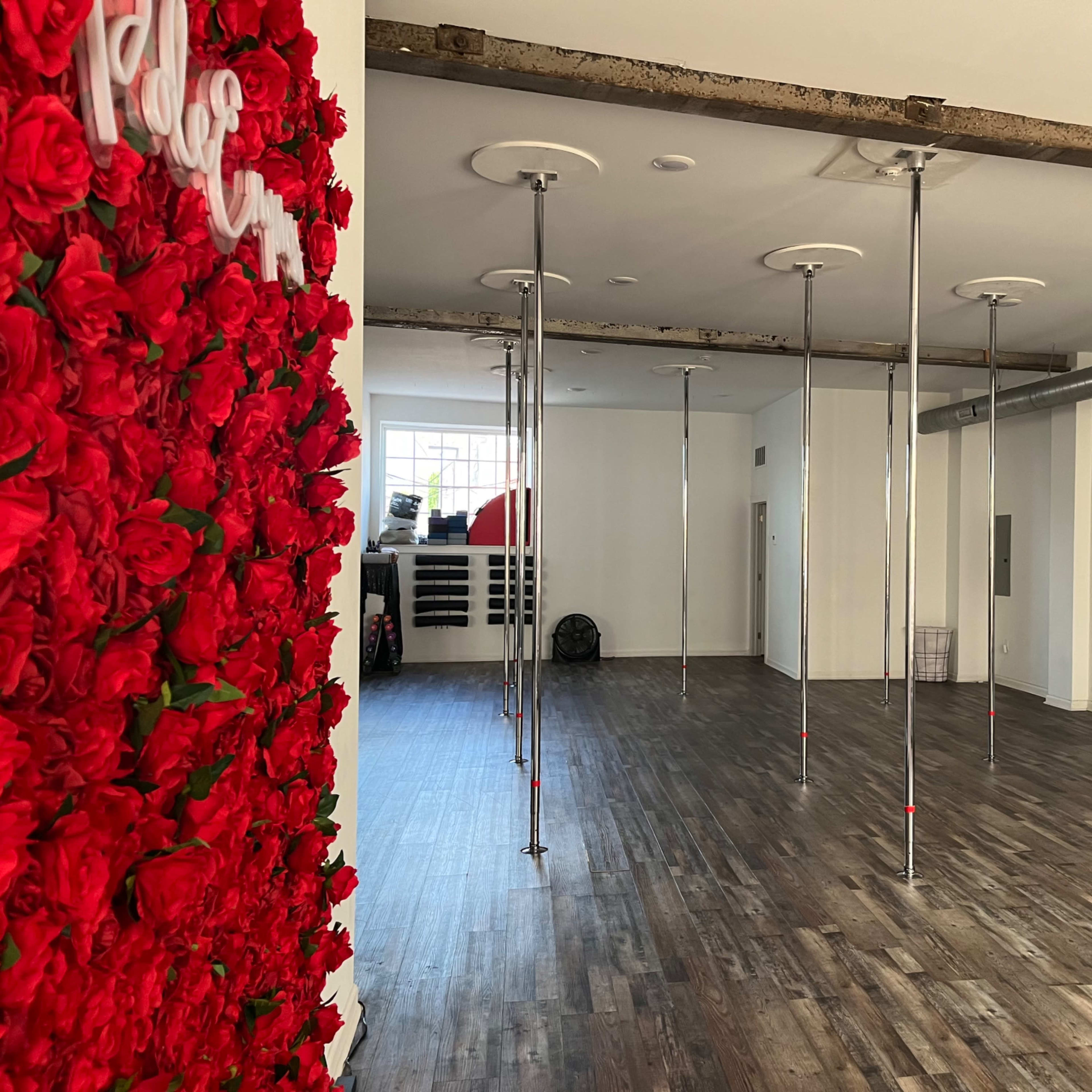 An interior of a dance studio with wooden floors, several dance poles, and a decorative wall filled with red roses.