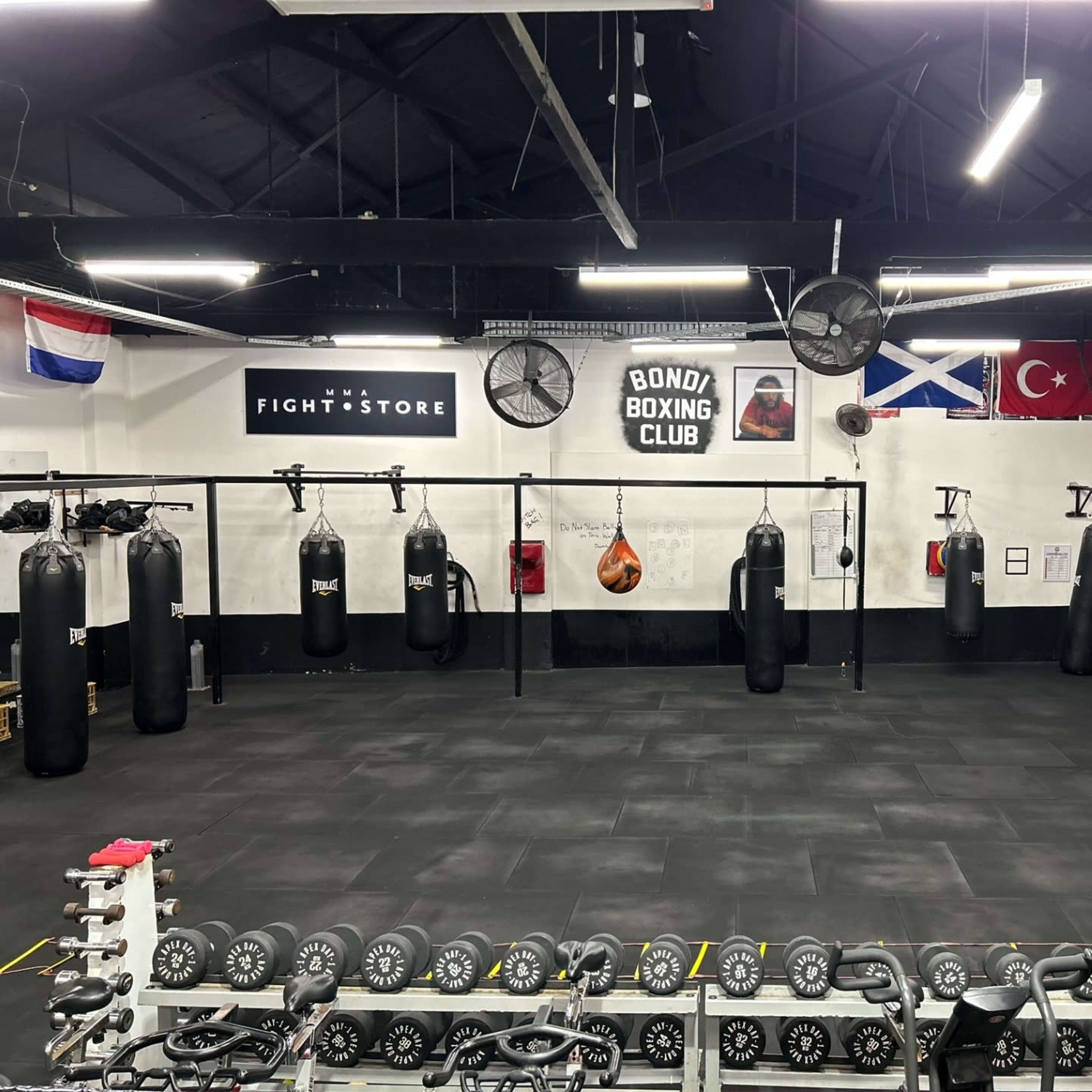 An empty boxing gym with hanging punching bags, a punching bag on the floor, and a row of dumbbells in the foreground.