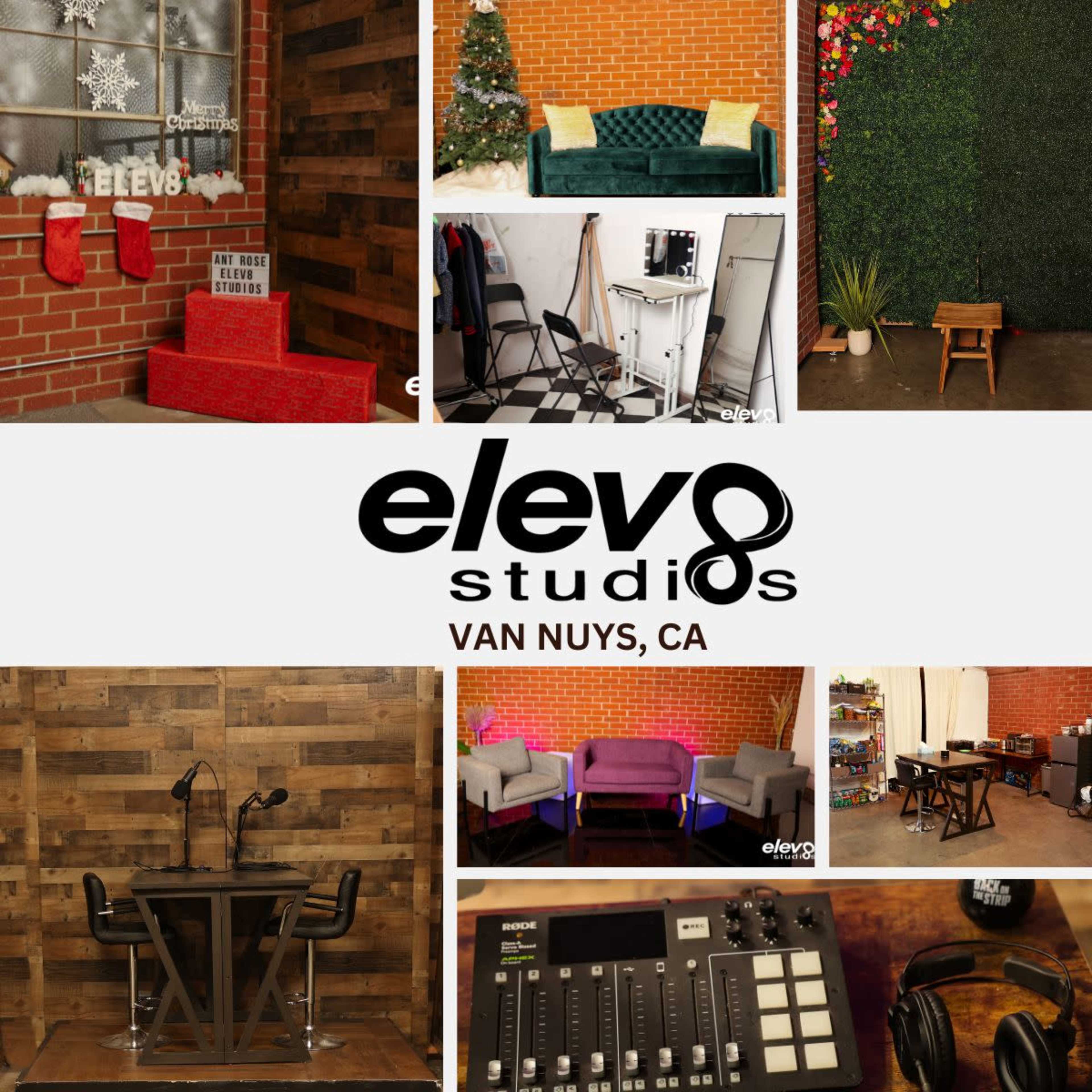 Various interior spaces and setups from Elevo Studios in Van Nuys, CA, including a decorated wall, seating areas, and equipment.