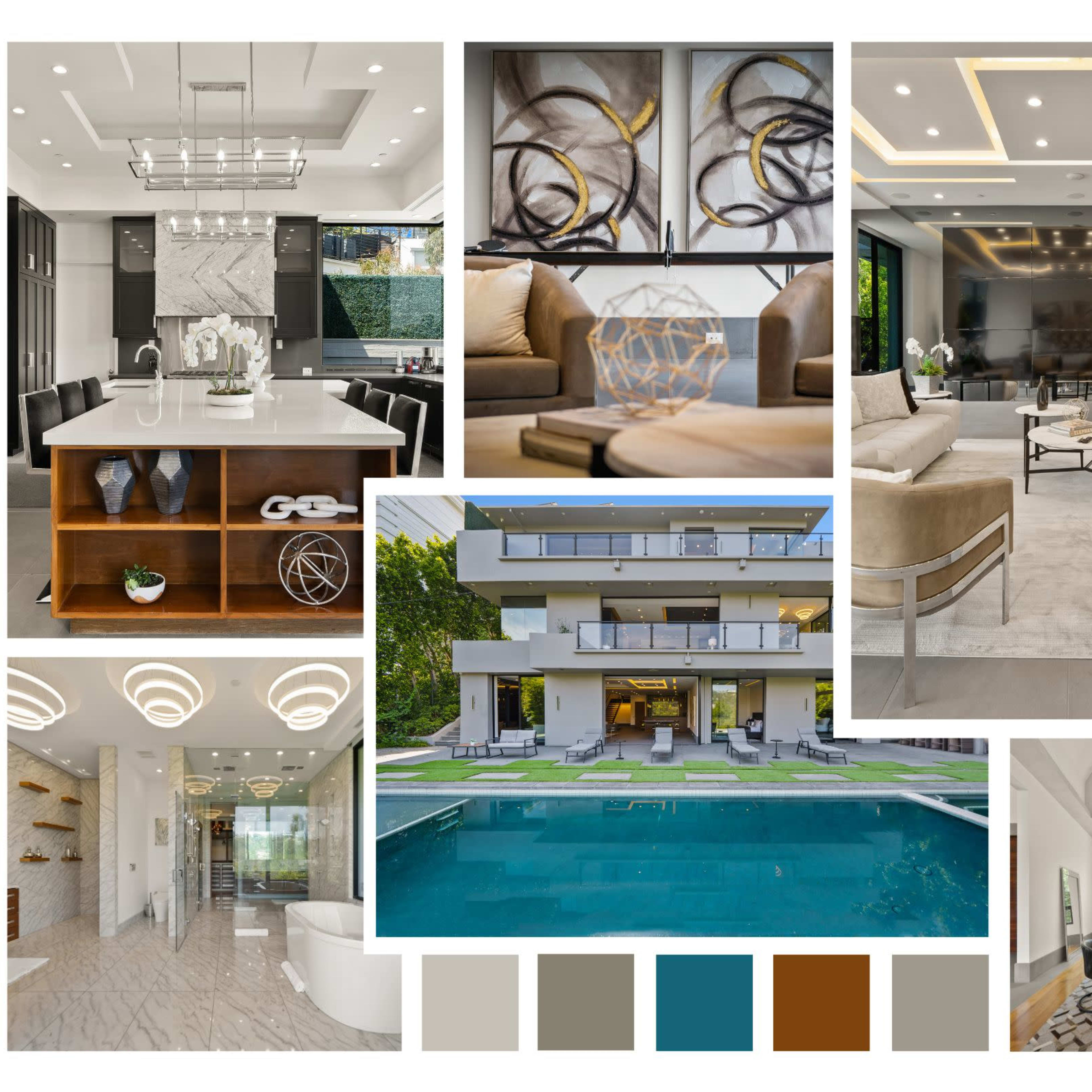 A modern luxury home interior and exterior, featuring spacious living areas, elegant furnishings, a sleek kitchen, and an outdoor pool.
