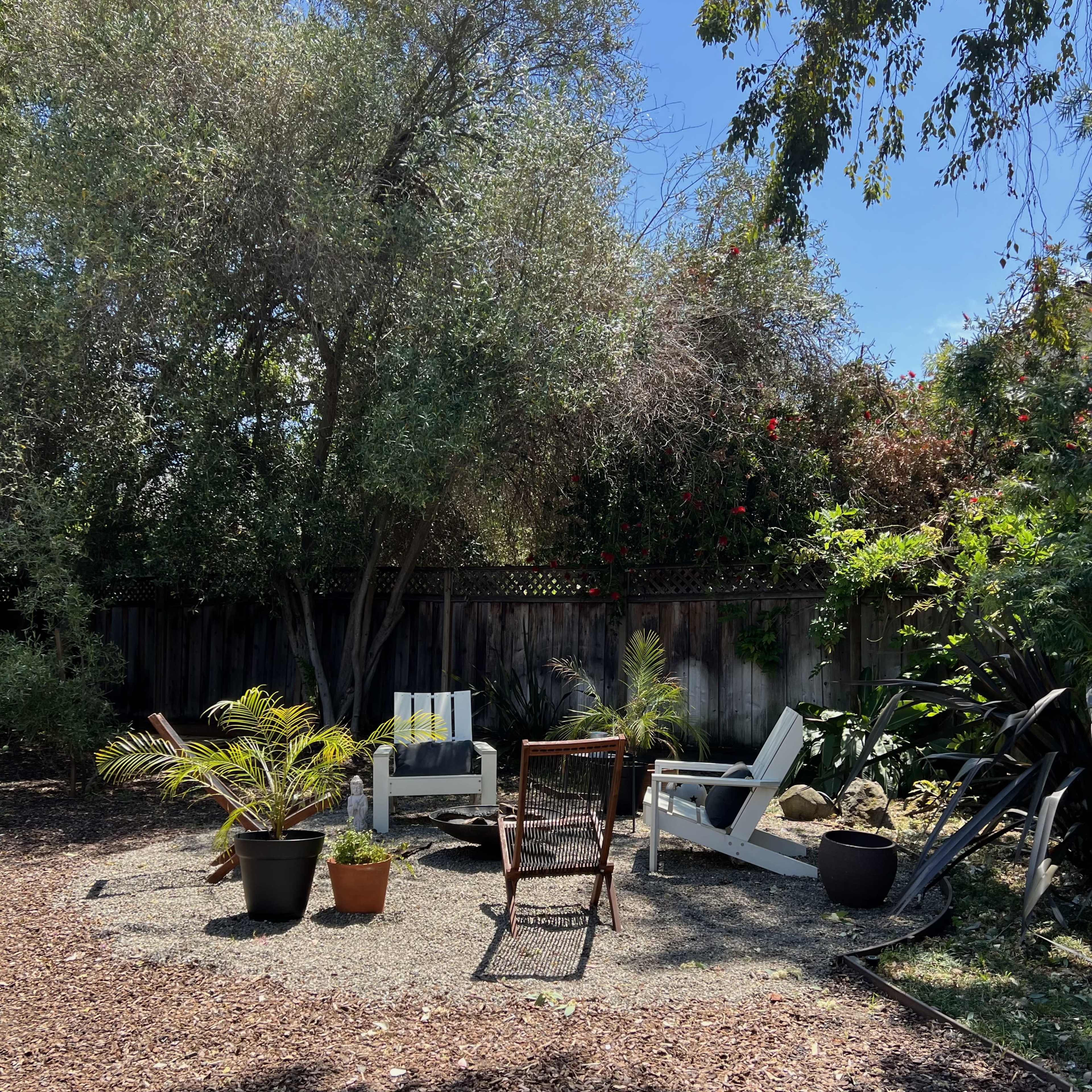 A gravel area in a garden features several chairs, potted plants, and a backdrop of trees and shrubs under a clear blue sky.