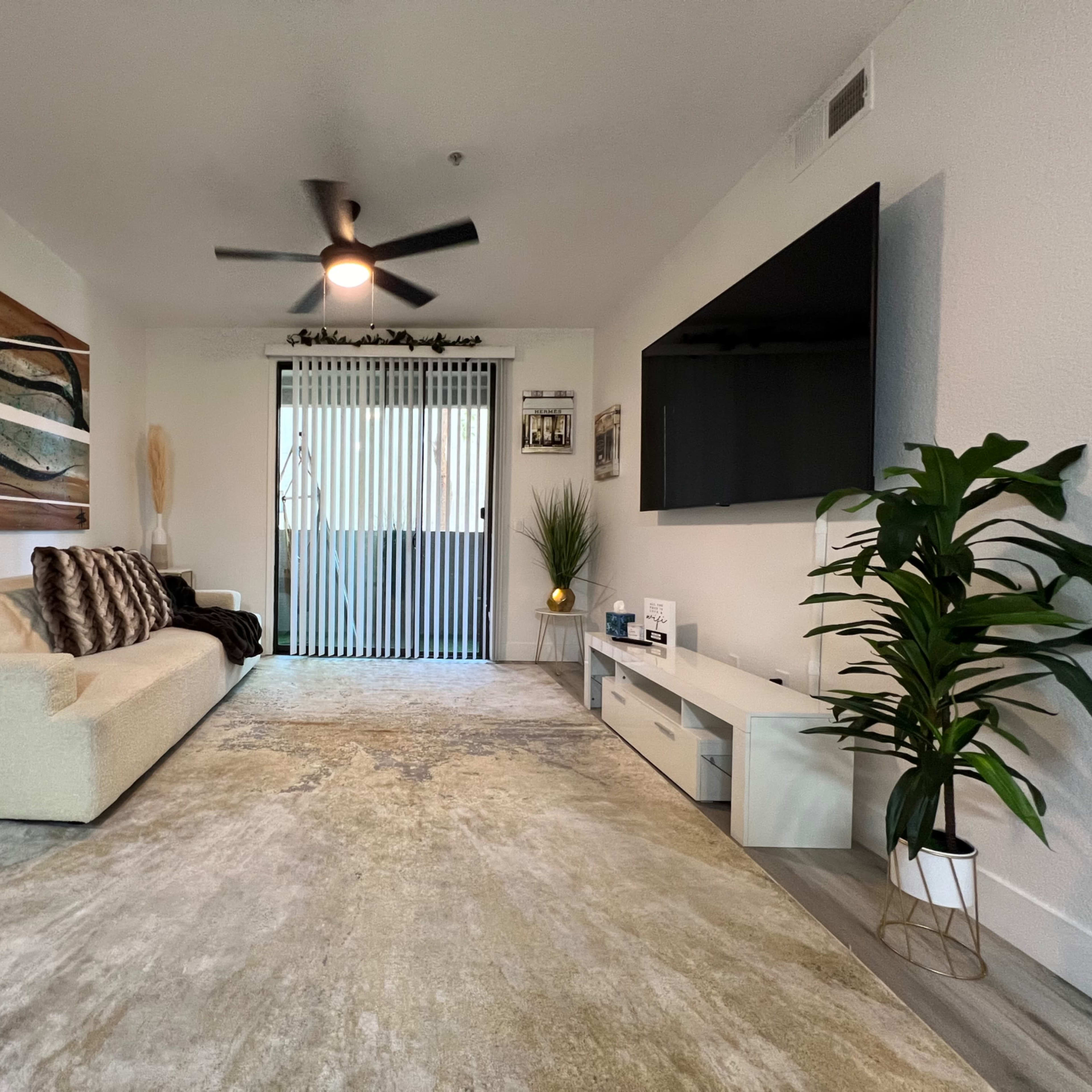 The living room features a light-colored sofa, a large wall-mounted TV, and a sliding glass door leading to an outside space, all set on a patterned area rug.
