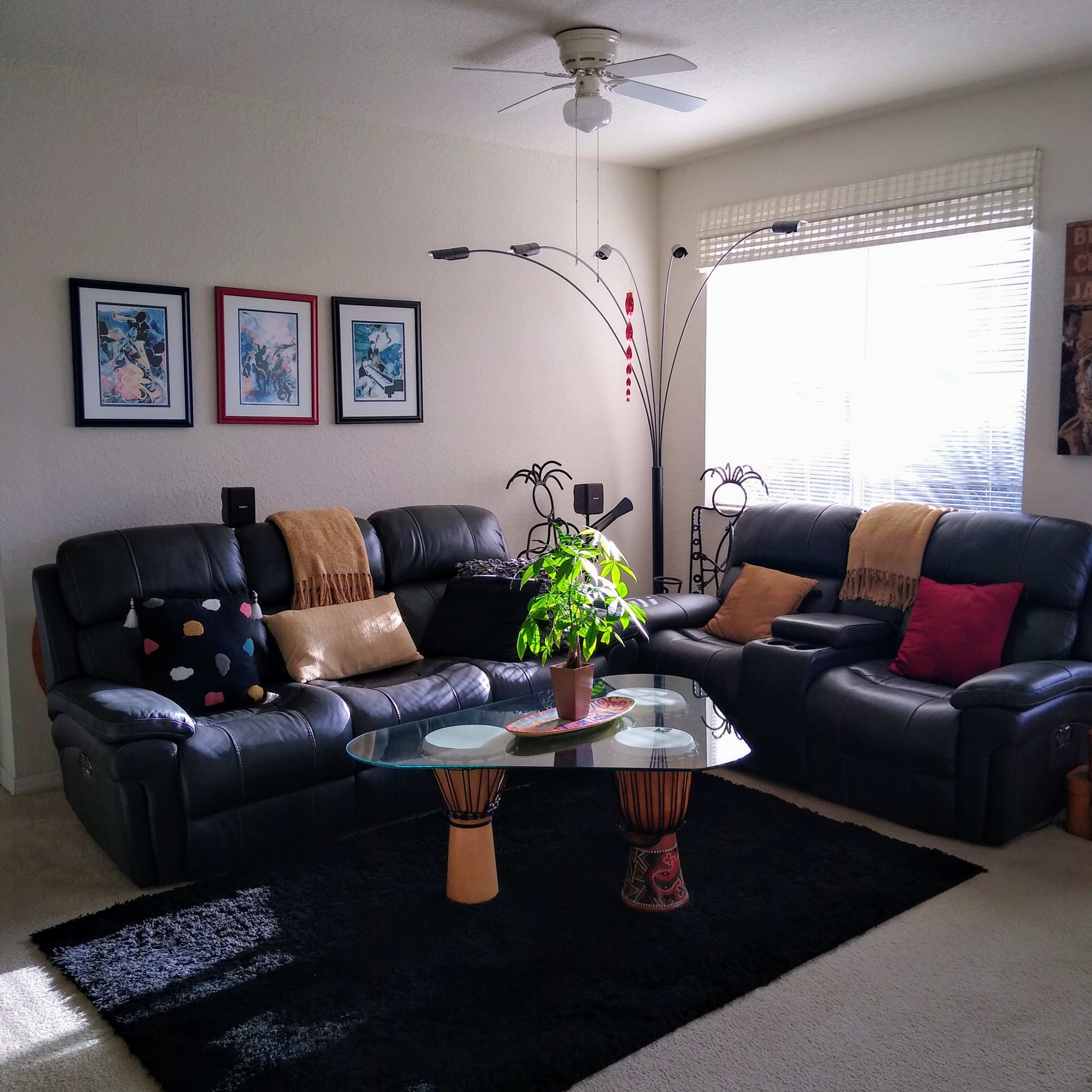 A living room with two leather sofas facing a glass coffee table on a black rug, surrounded by framed artwork and a potted plant in natural light.