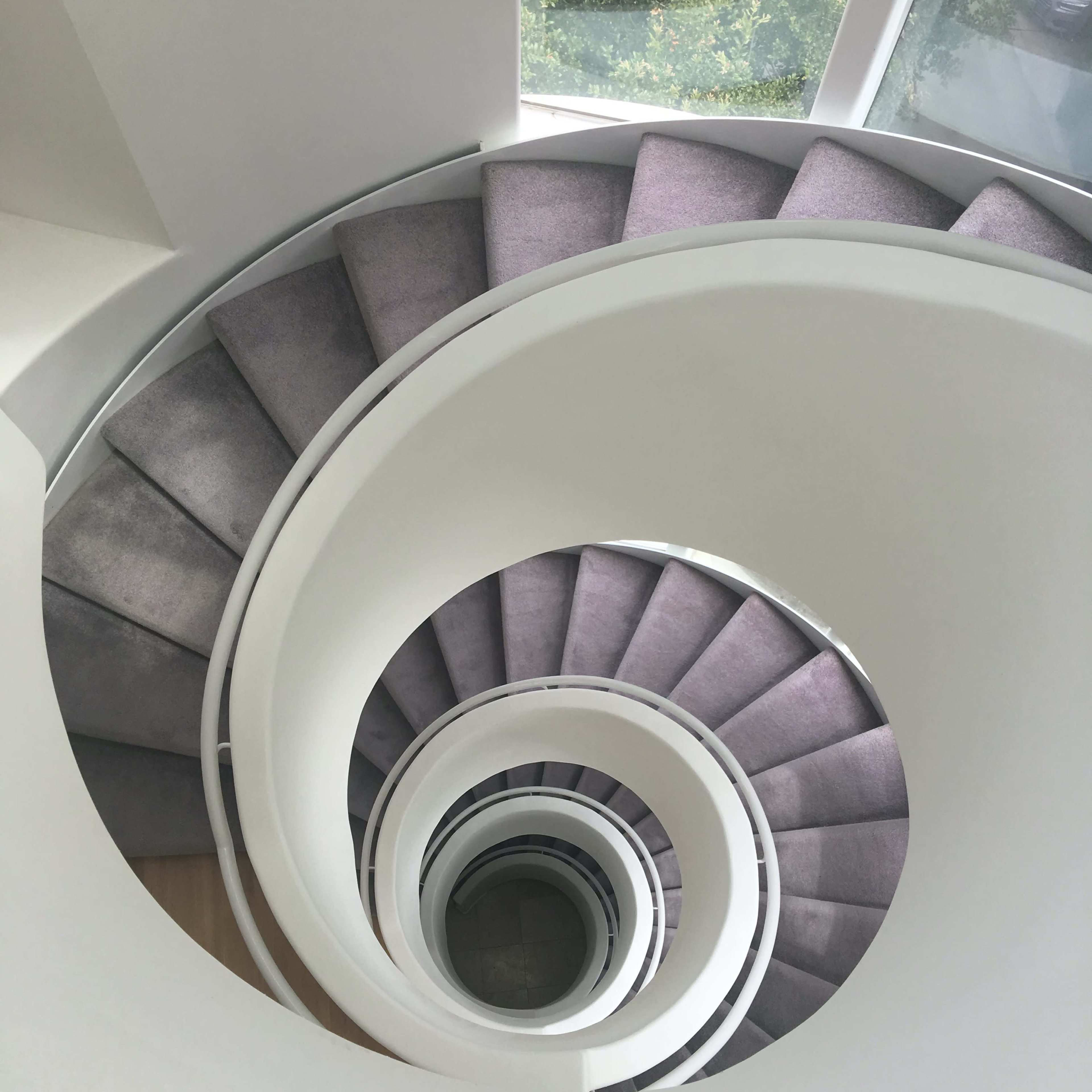 A spiral staircase with curved white walls and soft purple carpeting.