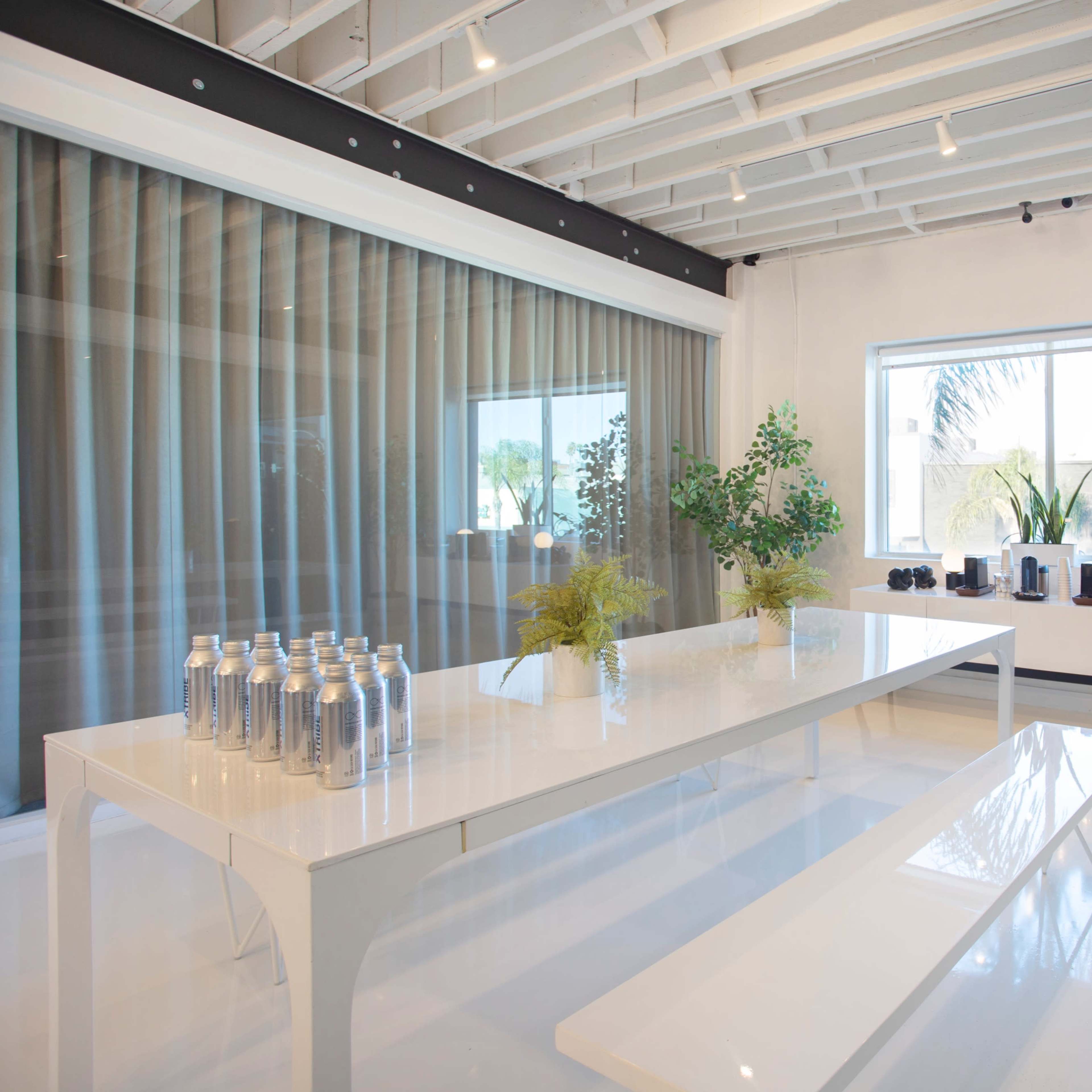 A modern white interior with a large table and benches, potted plants, and glass walls allowing natural light to enter.