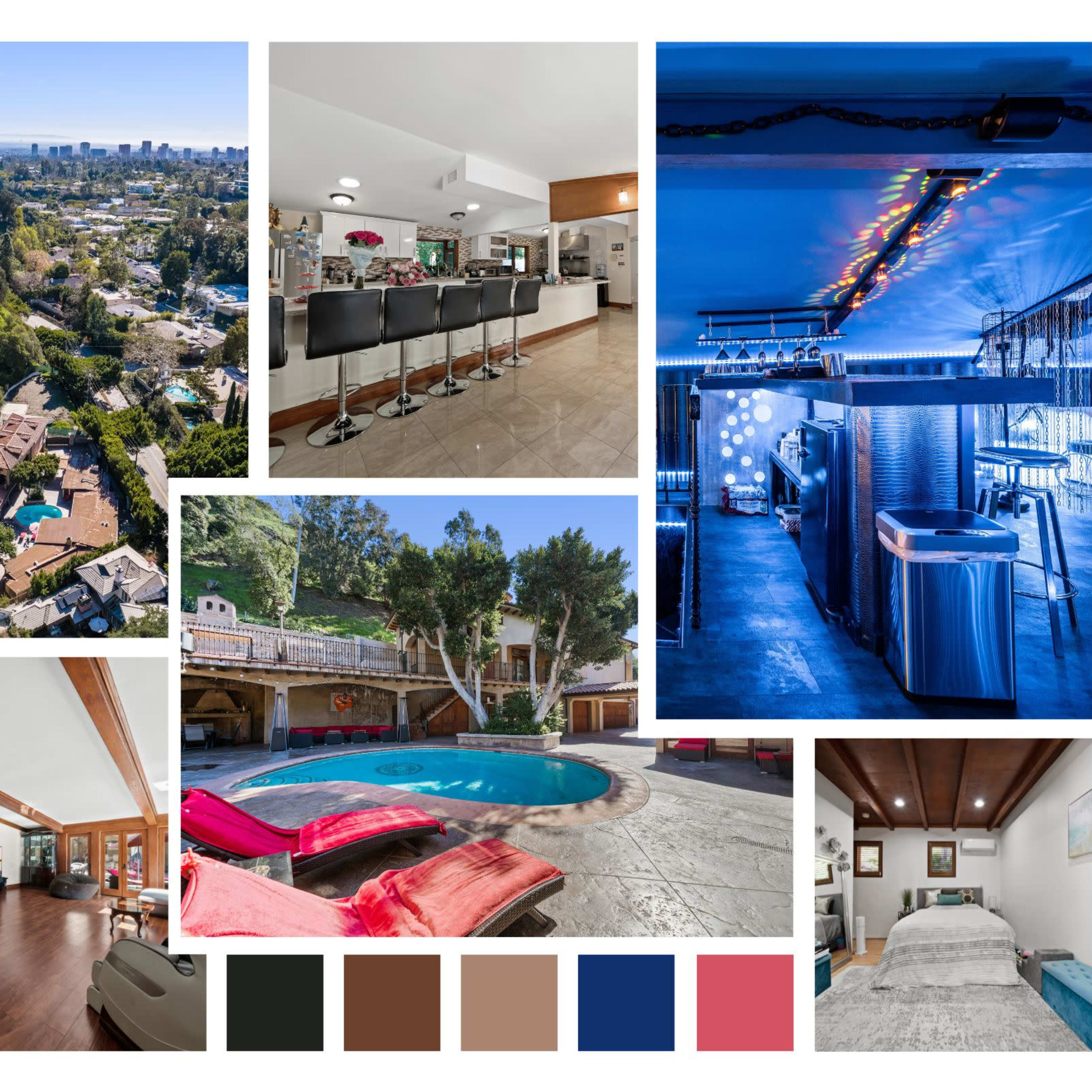 A luxurious property featuring an outdoor pool, a modern kitchen with seating, and varied interior spaces, including a bedroom and lounge area.