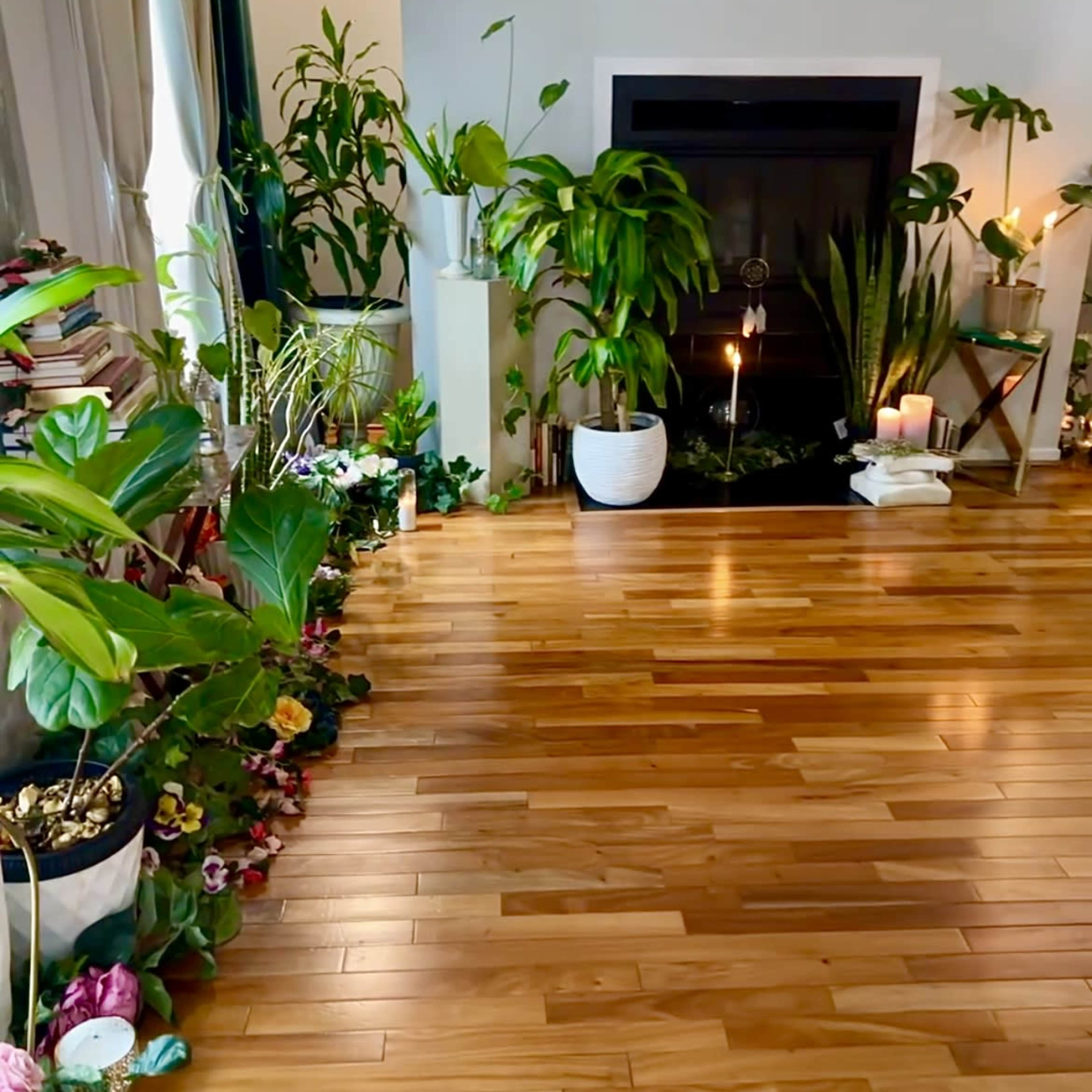 A wooden floor in a living space adorned with various indoor plants surrounding a fireplace, with candles and additional greenery in the background.