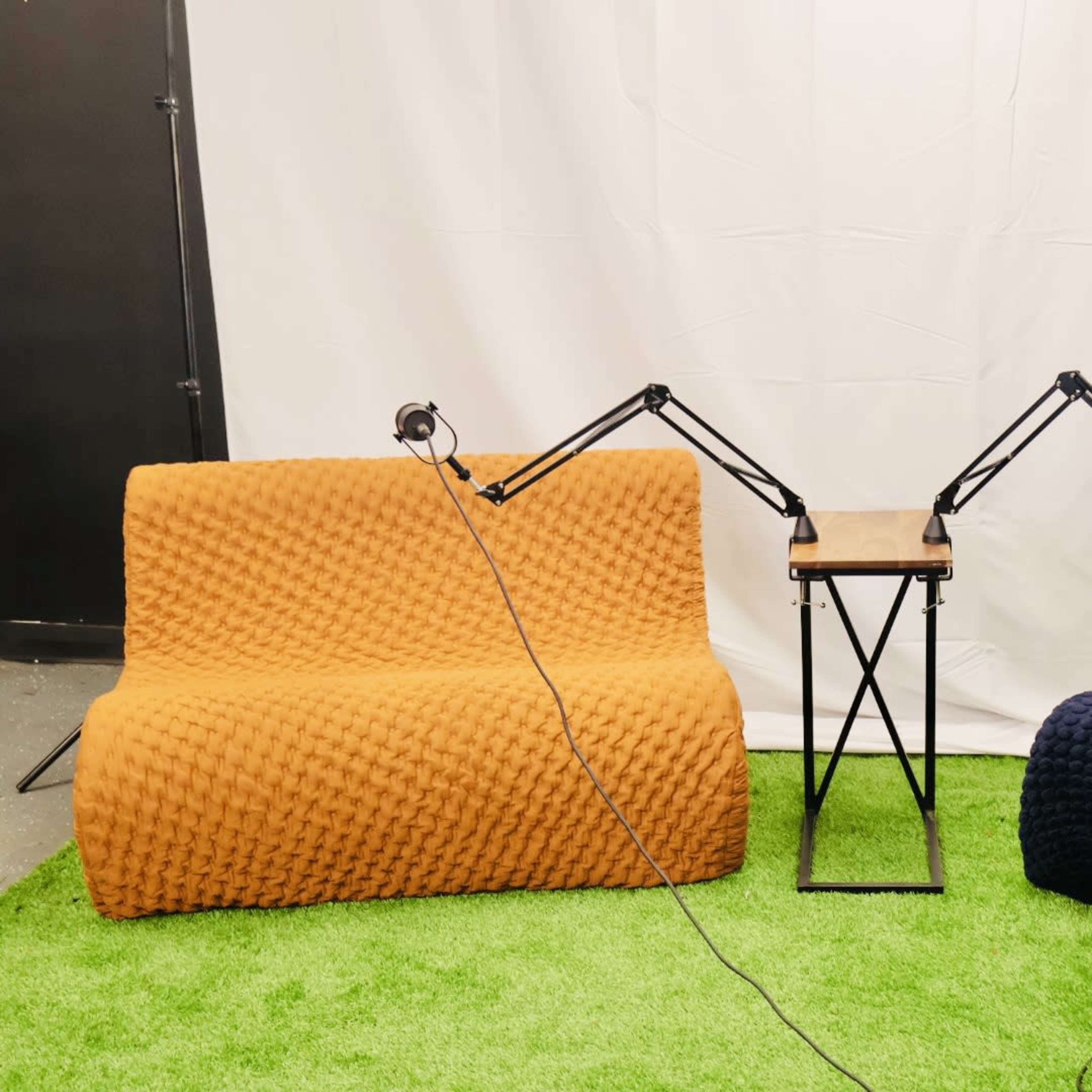 Two textured sofas, one orange and one navy, positioned on a green carpet with a small table and two adjustable microphones between them.