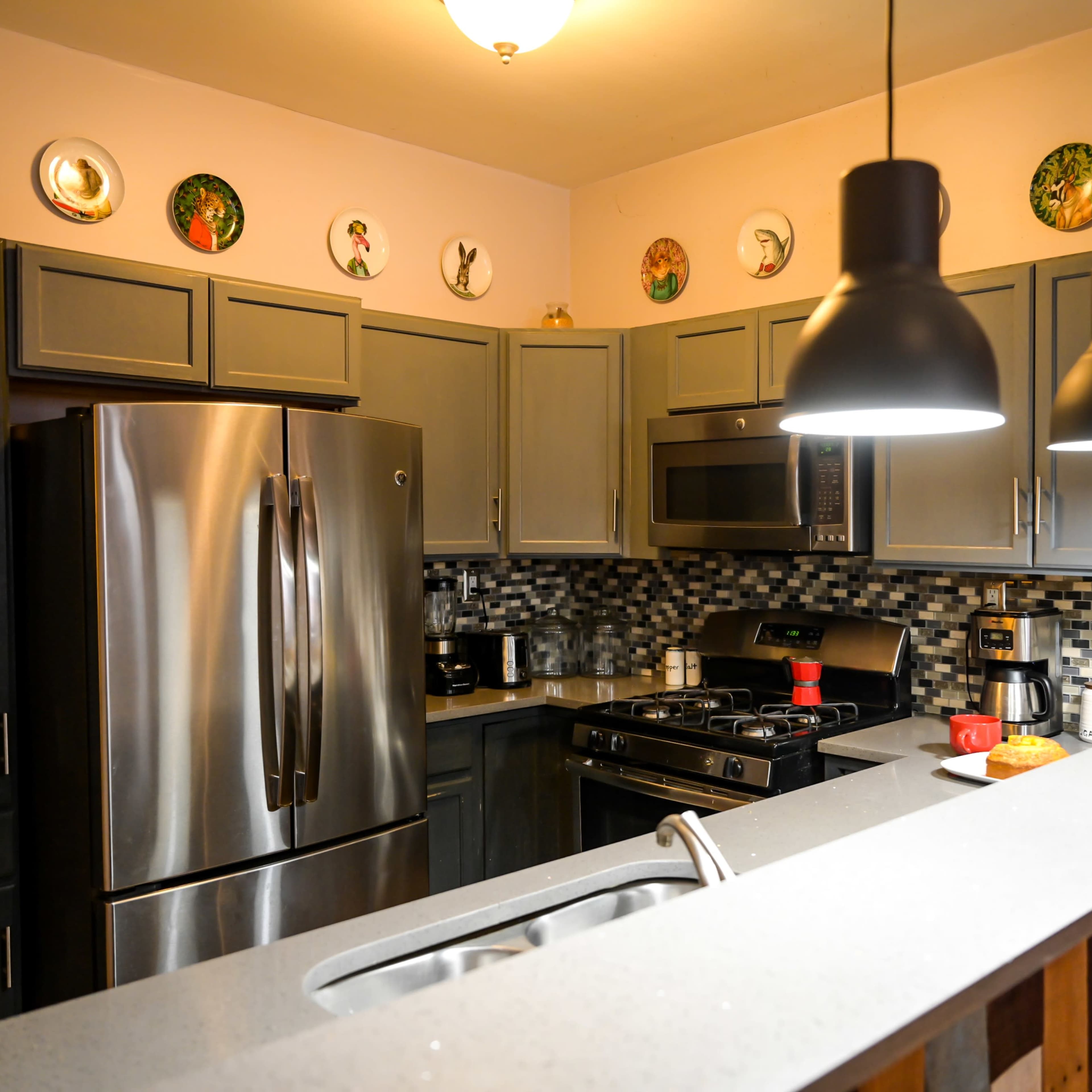 A modern kitchen with gray cabinets, stainless steel appliances, and decorative plates on the wall.