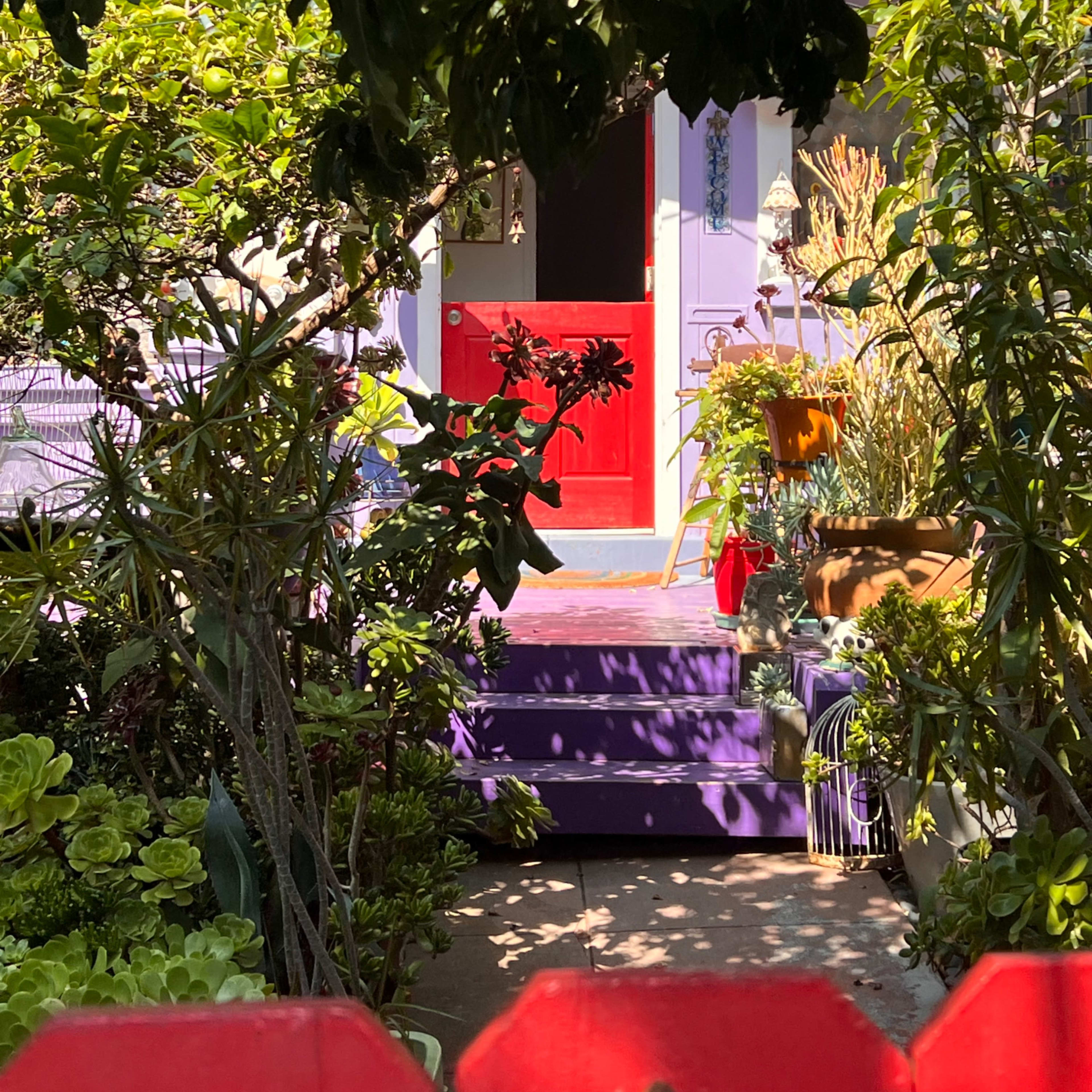 A colorful house with a red door framed by lush plants and vibrant potted flowers in a garden setting.