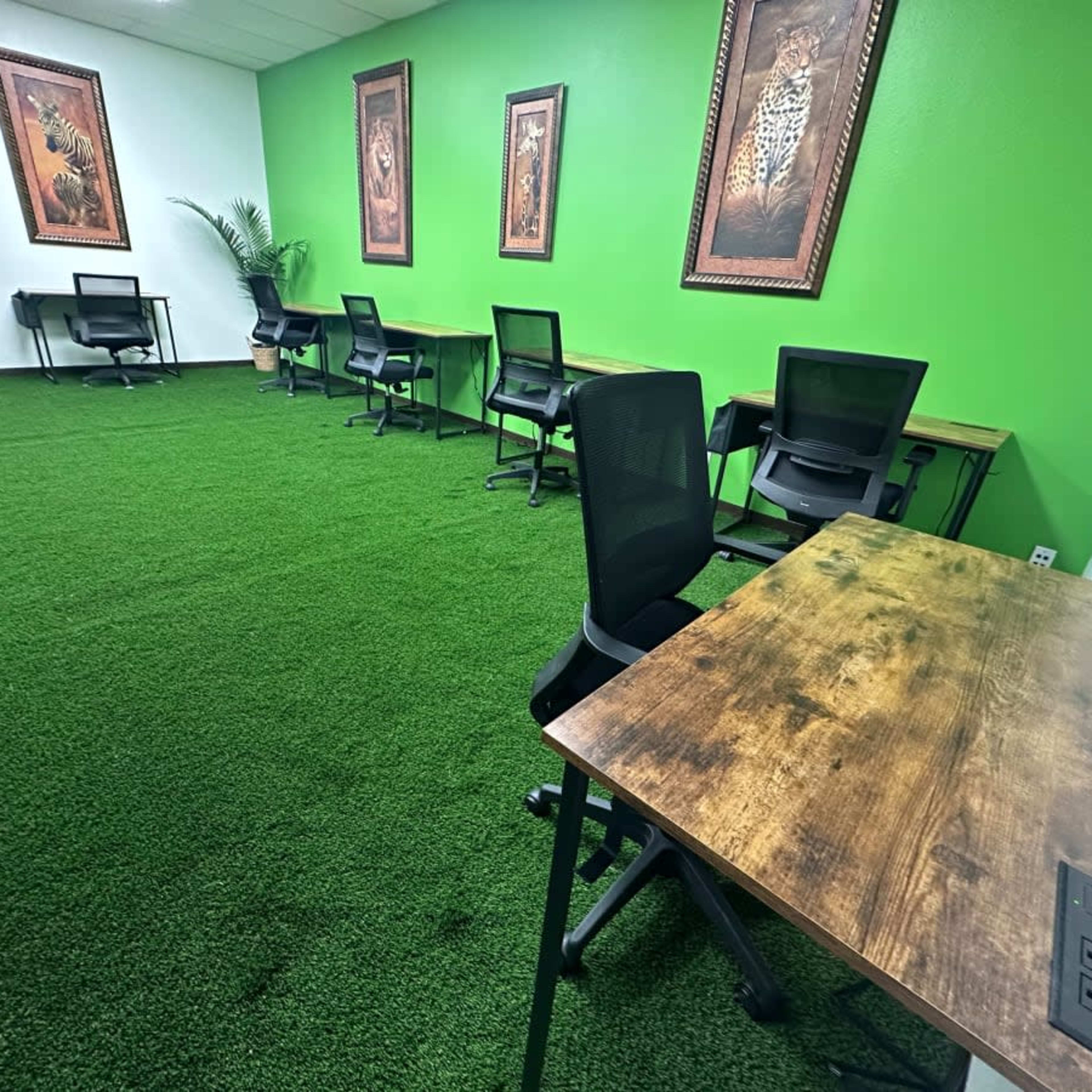 A workspace with green artificial turf flooring, featuring several wooden desks and chairs against a vibrant green wall adorned with framed artwork.