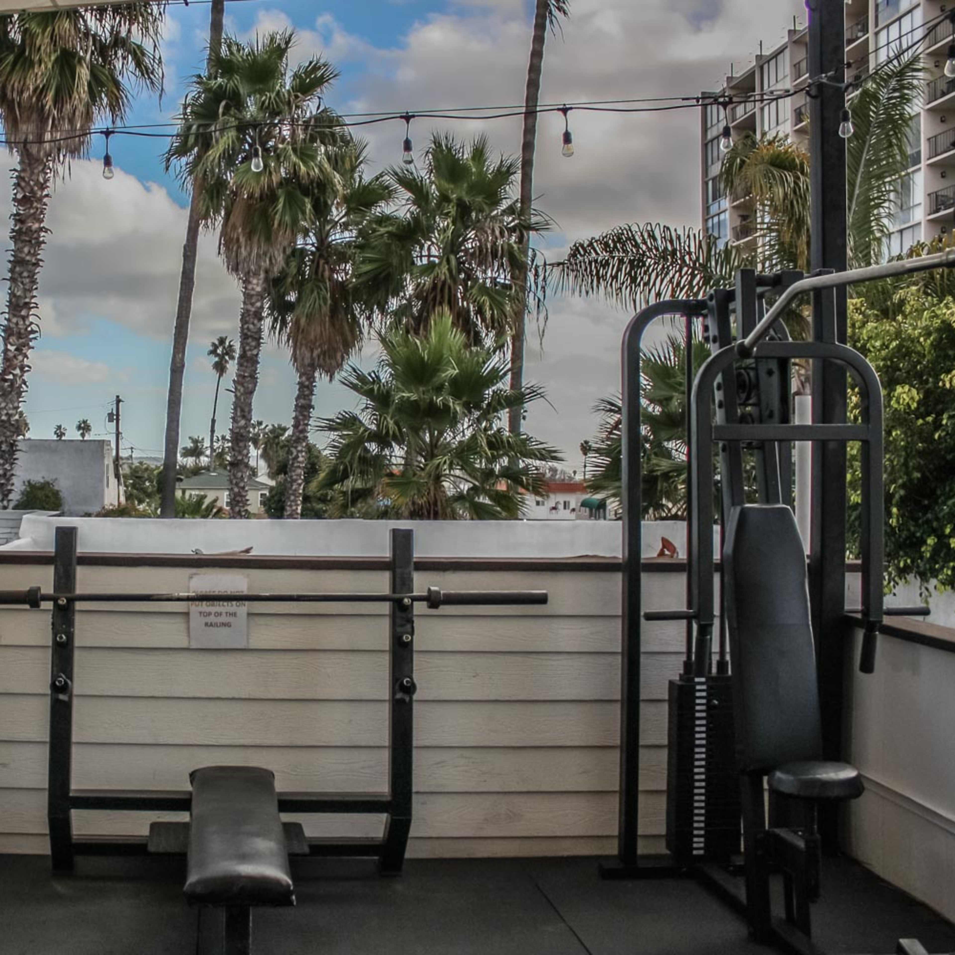 A small outdoor gym space features a weight bench and exercise equipment, surrounded by tall palm trees and a cloudy sky.