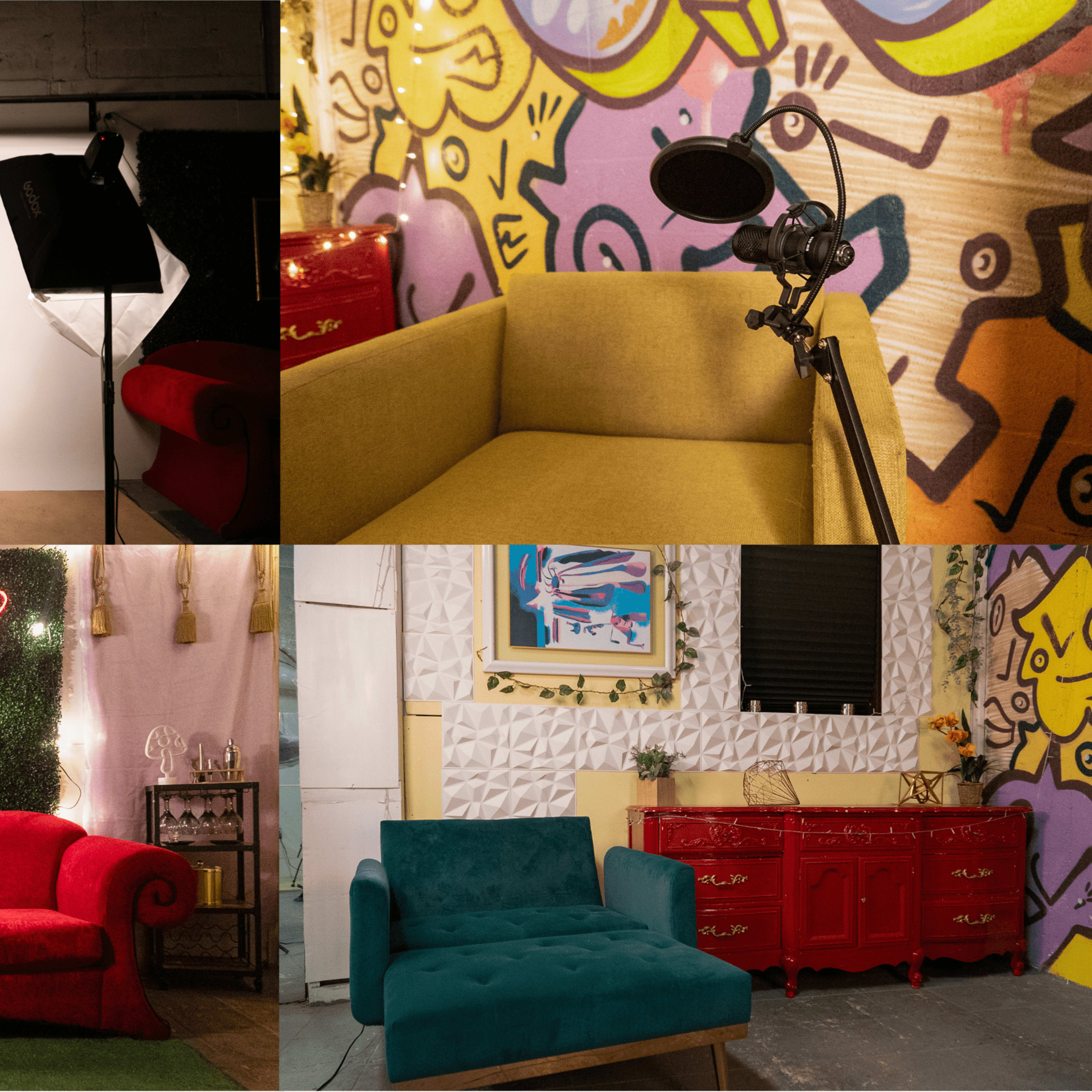 Four distinct lounge settings, featuring various colored sofas, a microphone setup, and decorative backgrounds.
