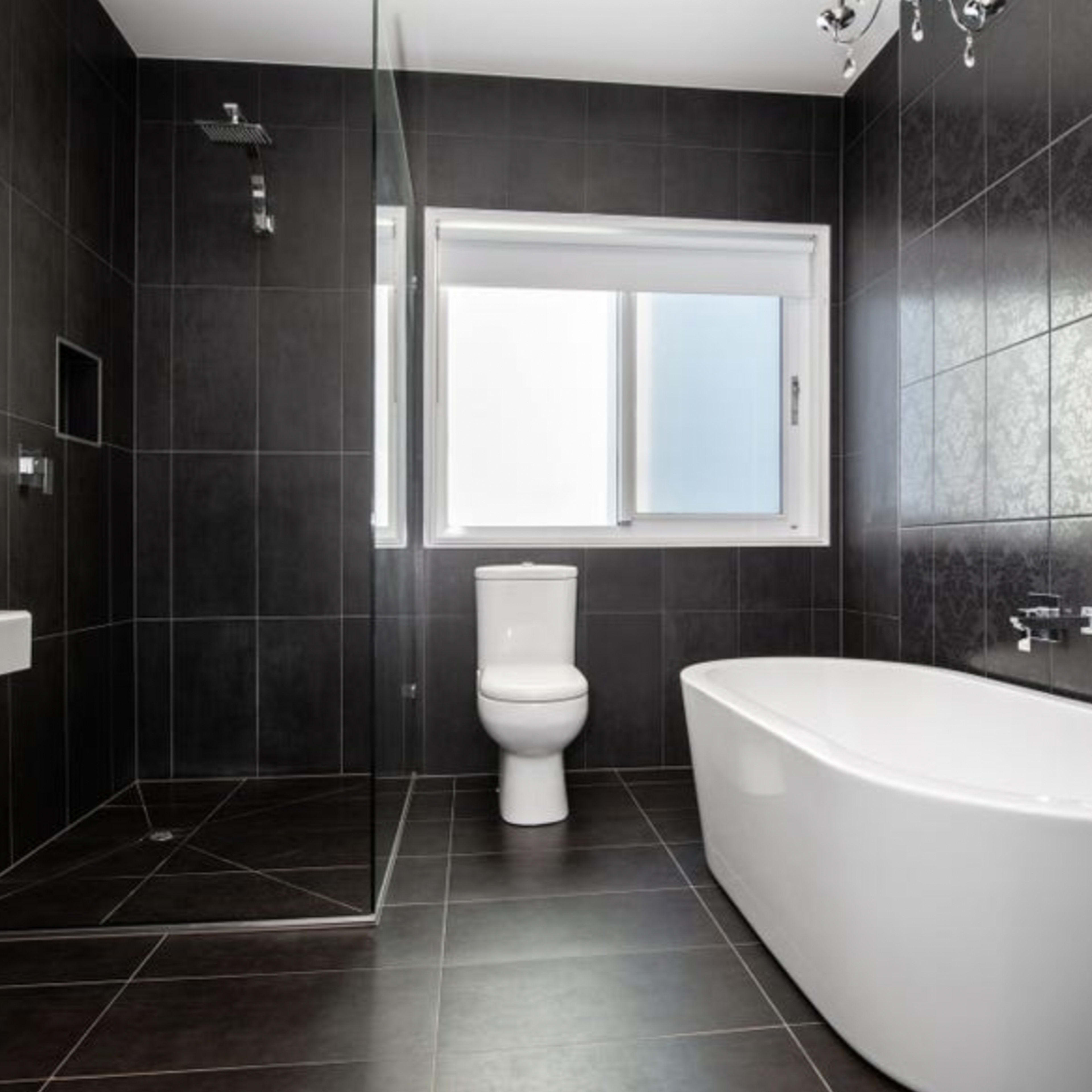 A modern bathroom features black tiled walls and floor, a freestanding bathtub, a toilet, and a glass shower enclosure.
