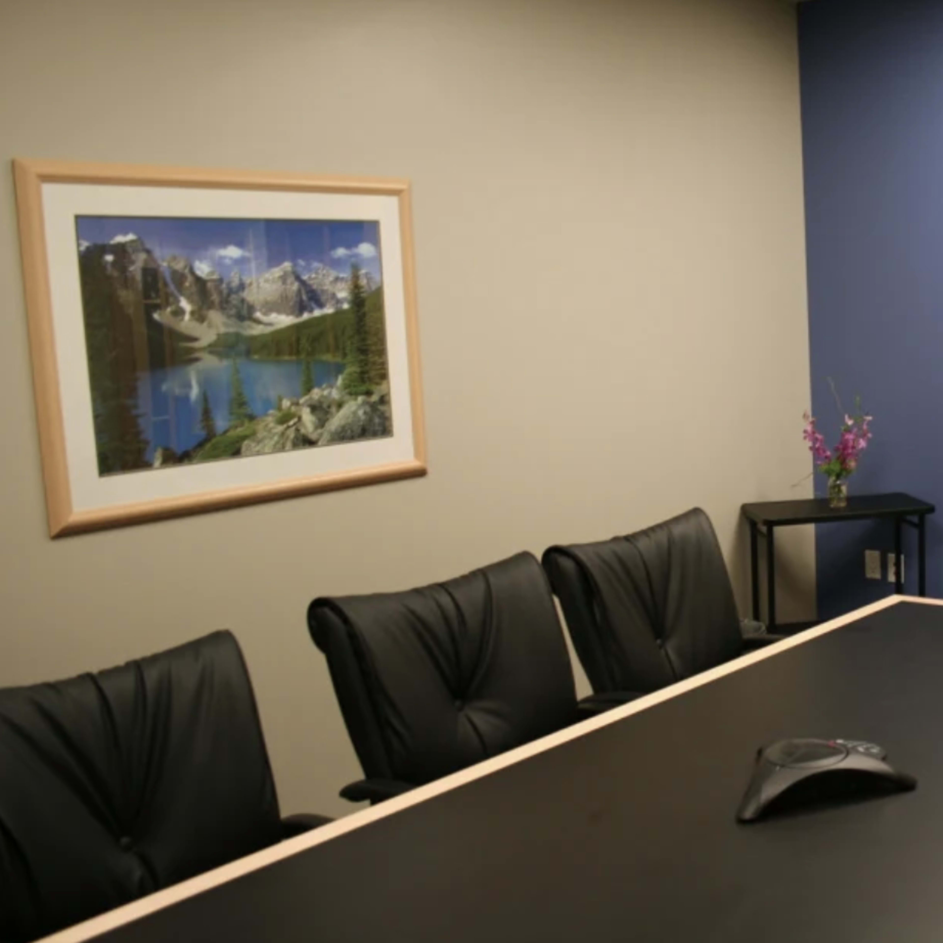 A conference room with a black table surrounded by black chairs, a framed landscape picture on one wall, and a wooden panel on another.