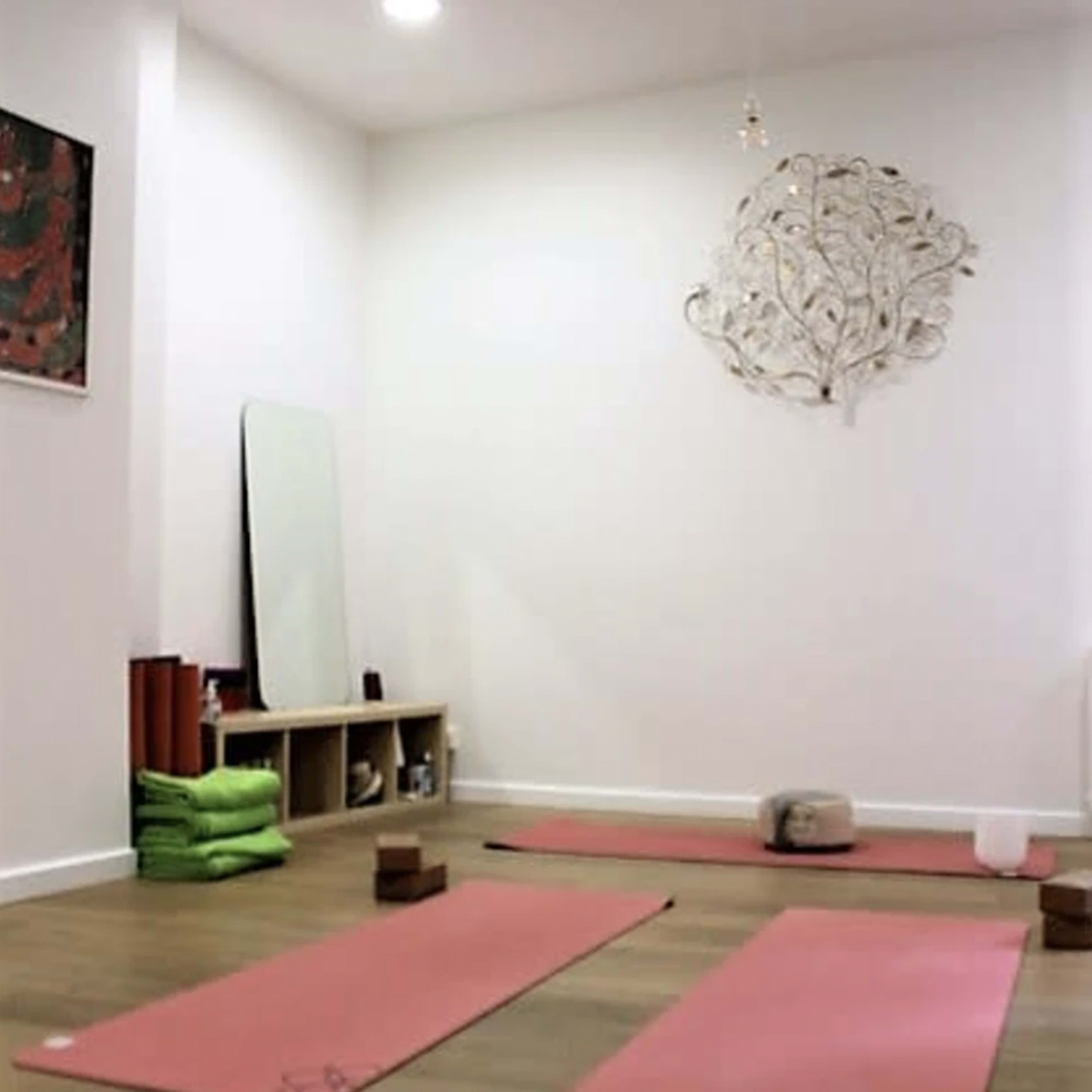 A minimalist yoga studio with two pink mats on a wooden floor, surrounded by shelves, a mirror, and decorative wall art.