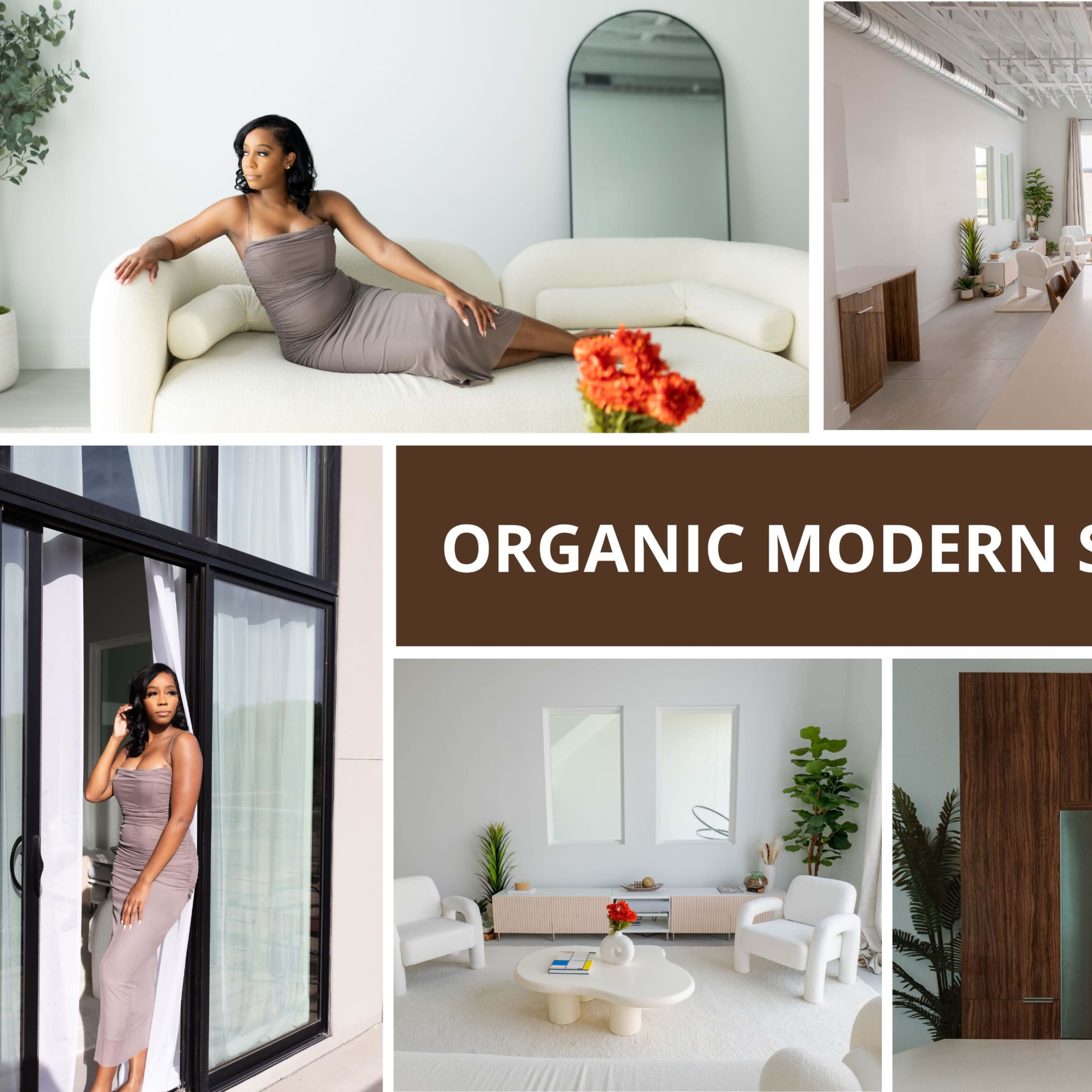 A collage of a modern studio space with stylish furnishings and models in various poses throughout the rooms.