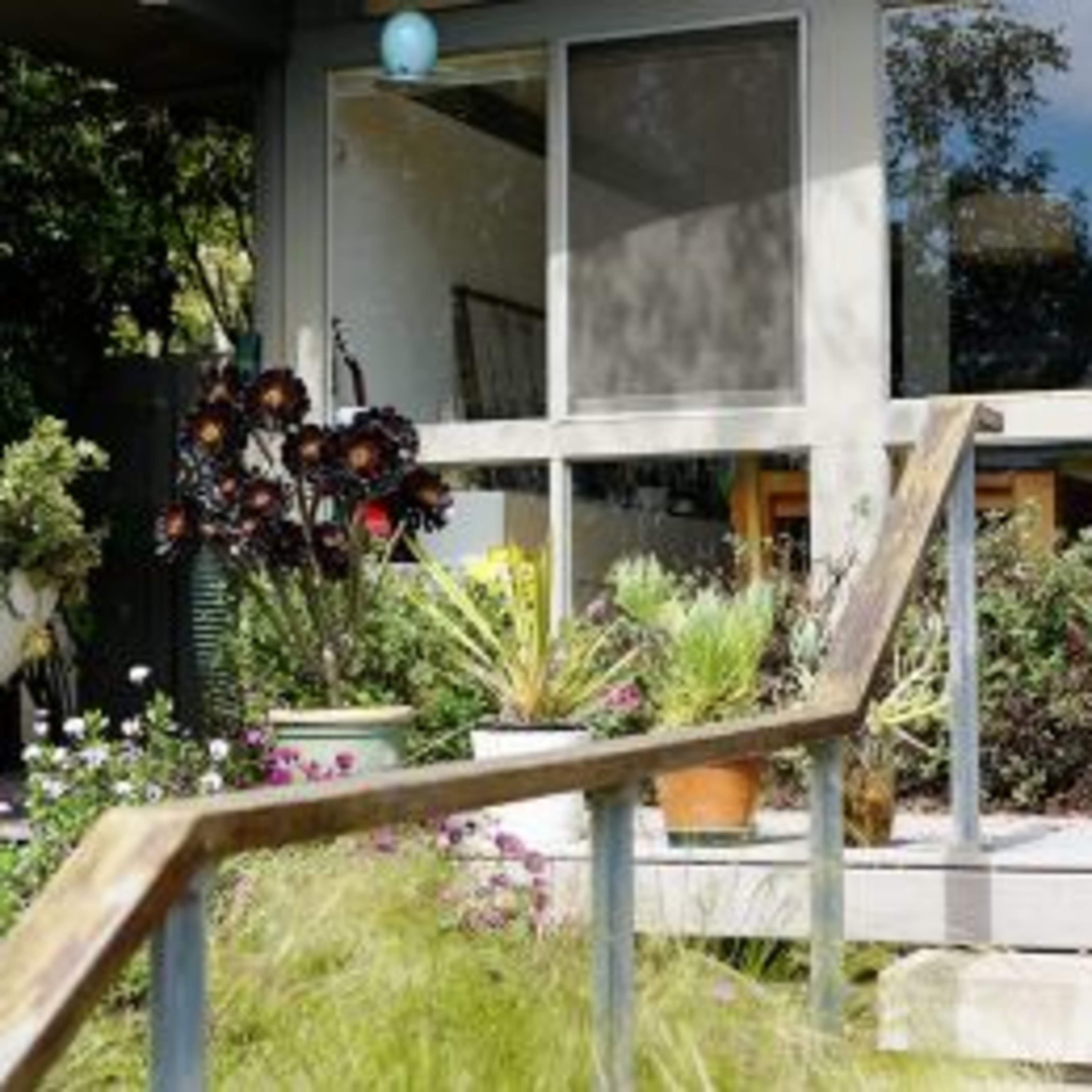 A wooden railing leads to a house surrounded by various plants and flowers in pots.
