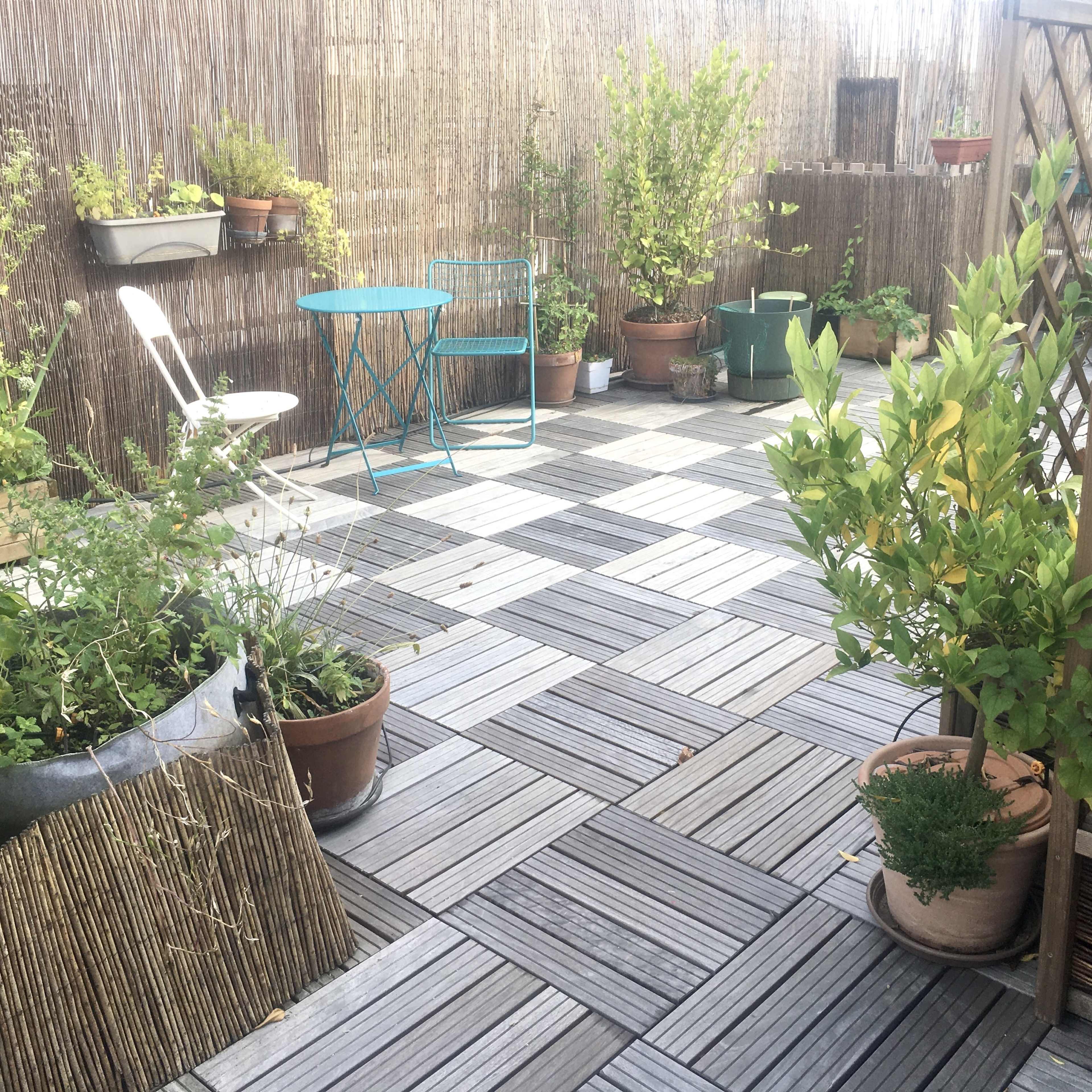 A patio area features potted plants, a small blue table and chair, and a wooden trellis surrounded by bamboo fencing.