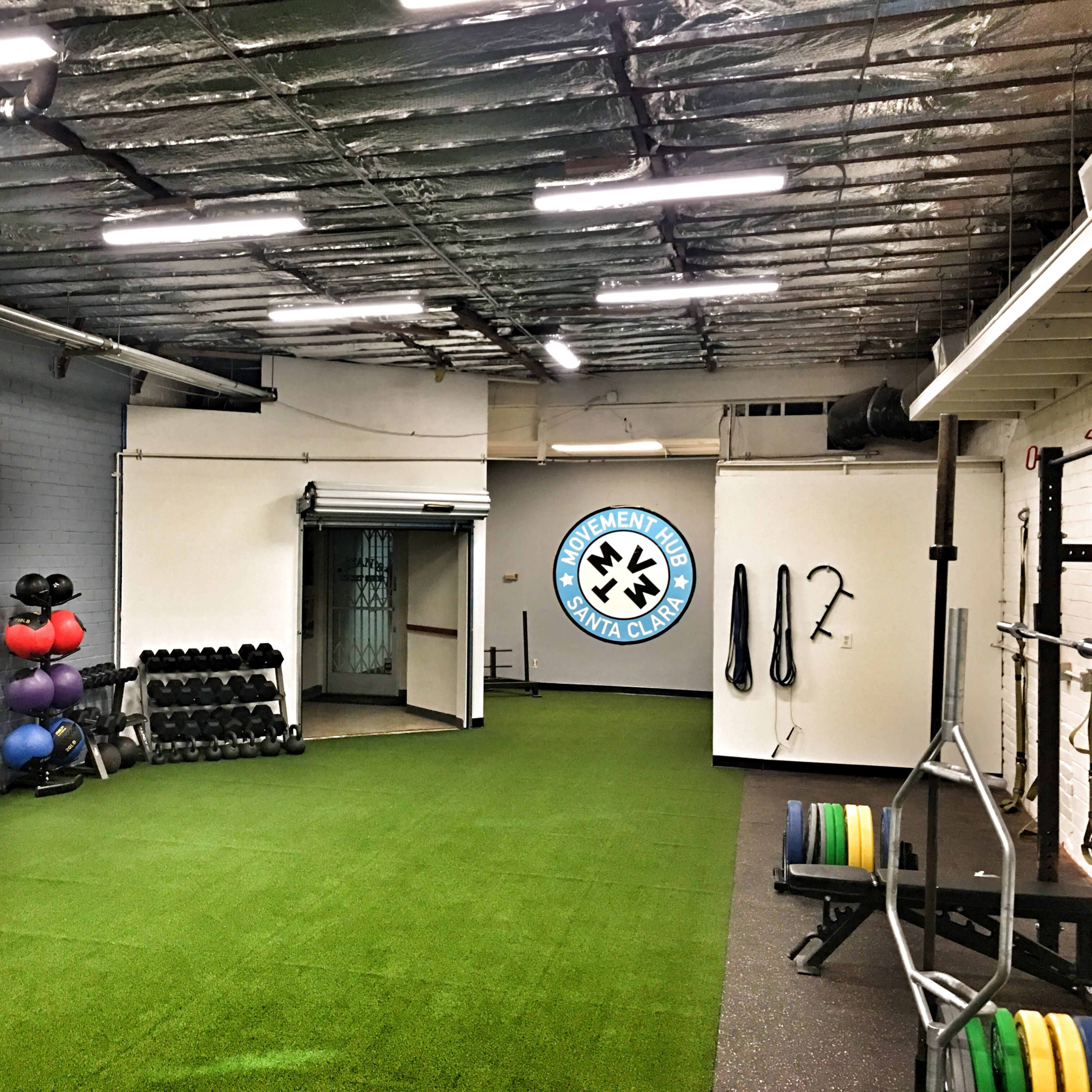A gym interior with exercise equipment, including weights and medicine balls, against a wall and green turf flooring.