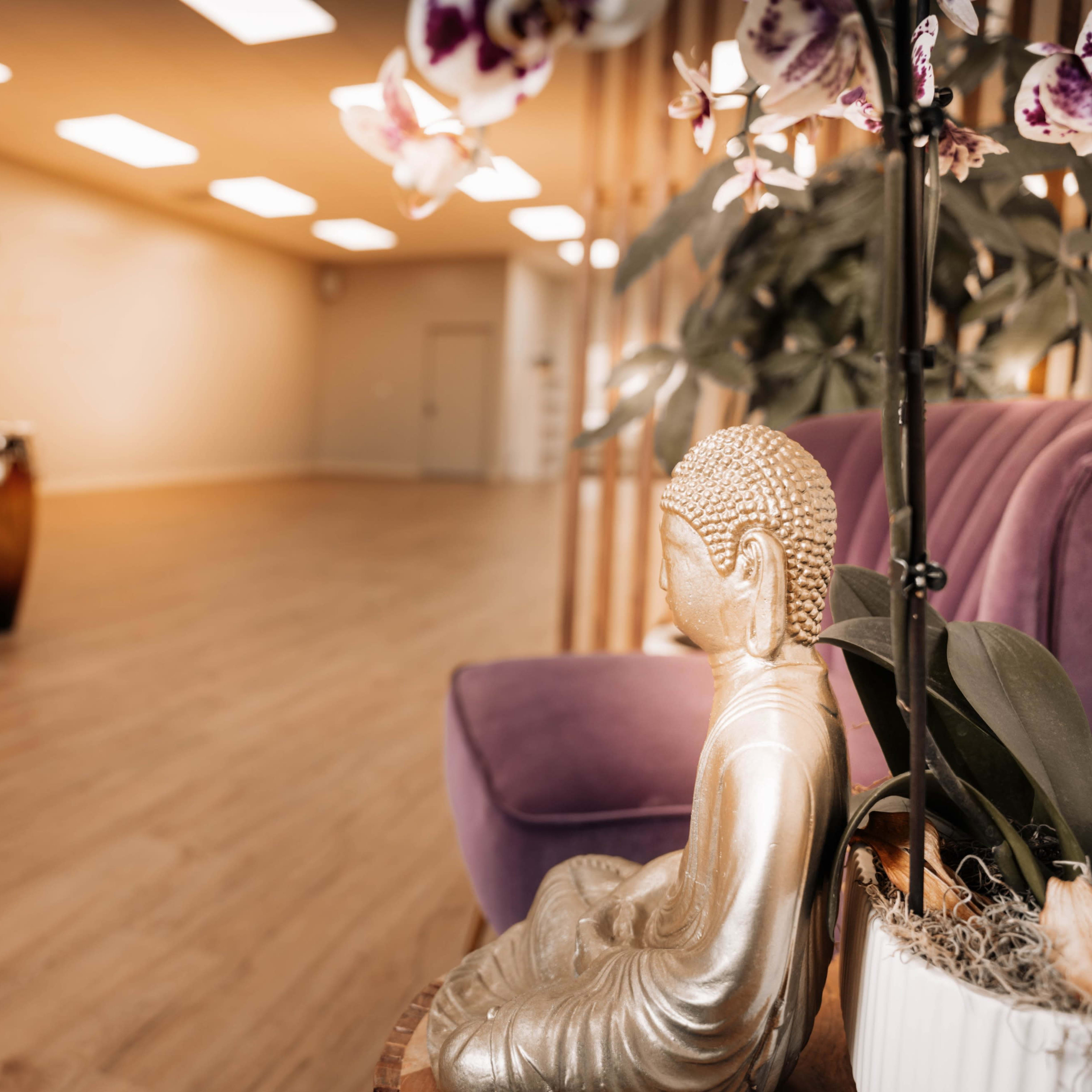 A serene interior space featuring a Buddha statue, a purple chair, and bamboo-like partitions, with plants and soft lighting.