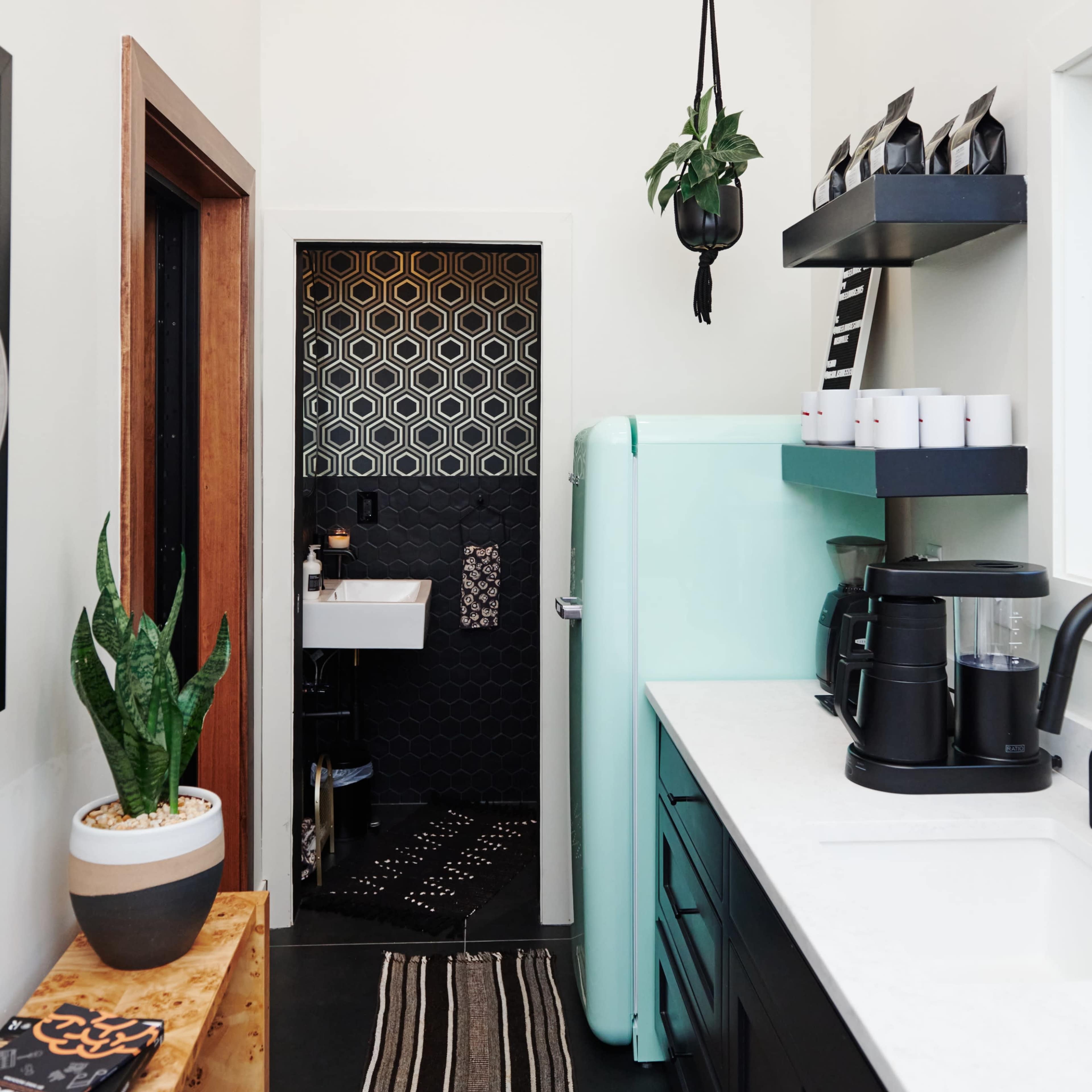 A small, modern kitchenette featuring a mint green refrigerator, black cabinetry, and a hanging plant, with a patterned backsplash in the adjacent space.