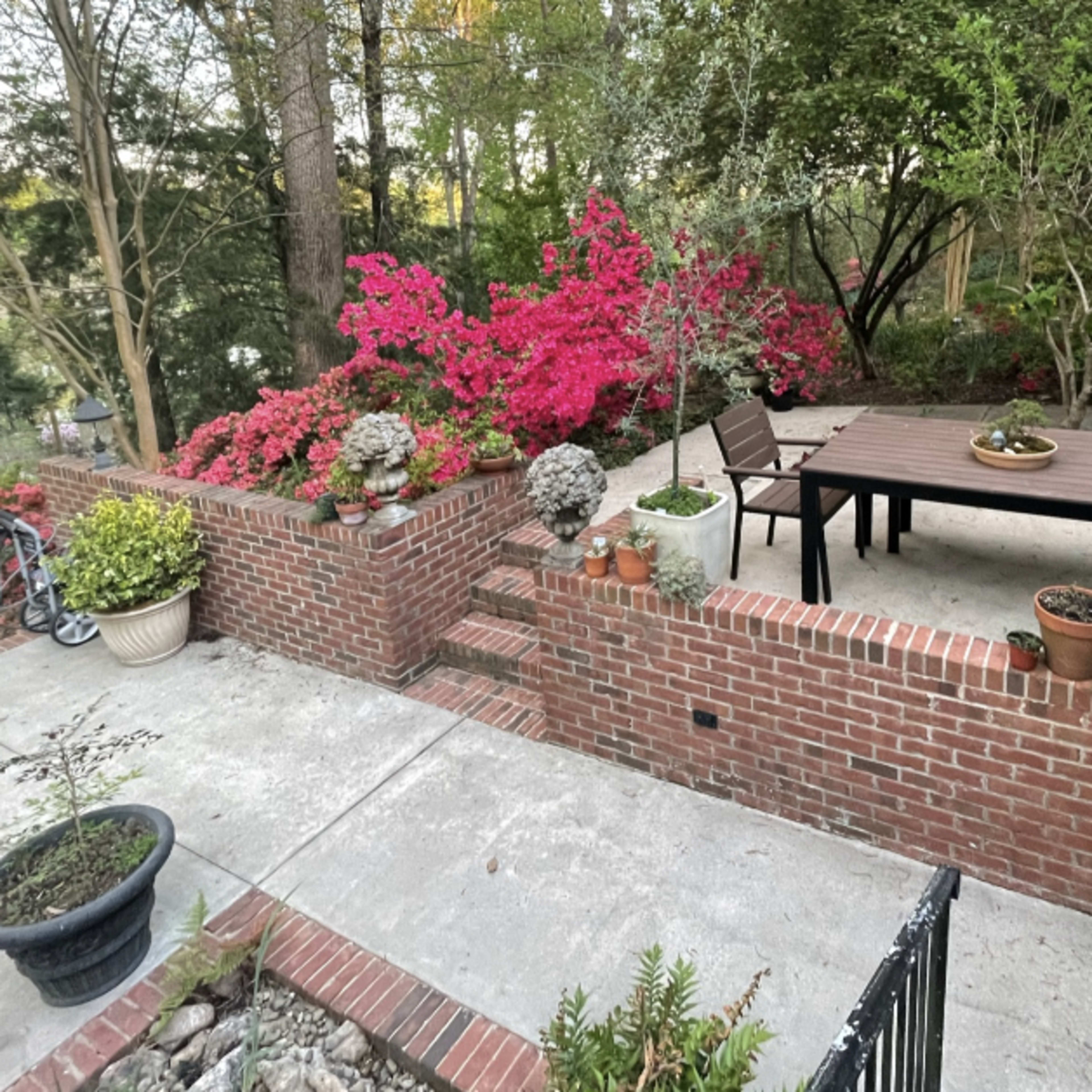 A landscaped outdoor area featuring a brick terrace with a table and chairs, surrounded by flowering plants and greenery.