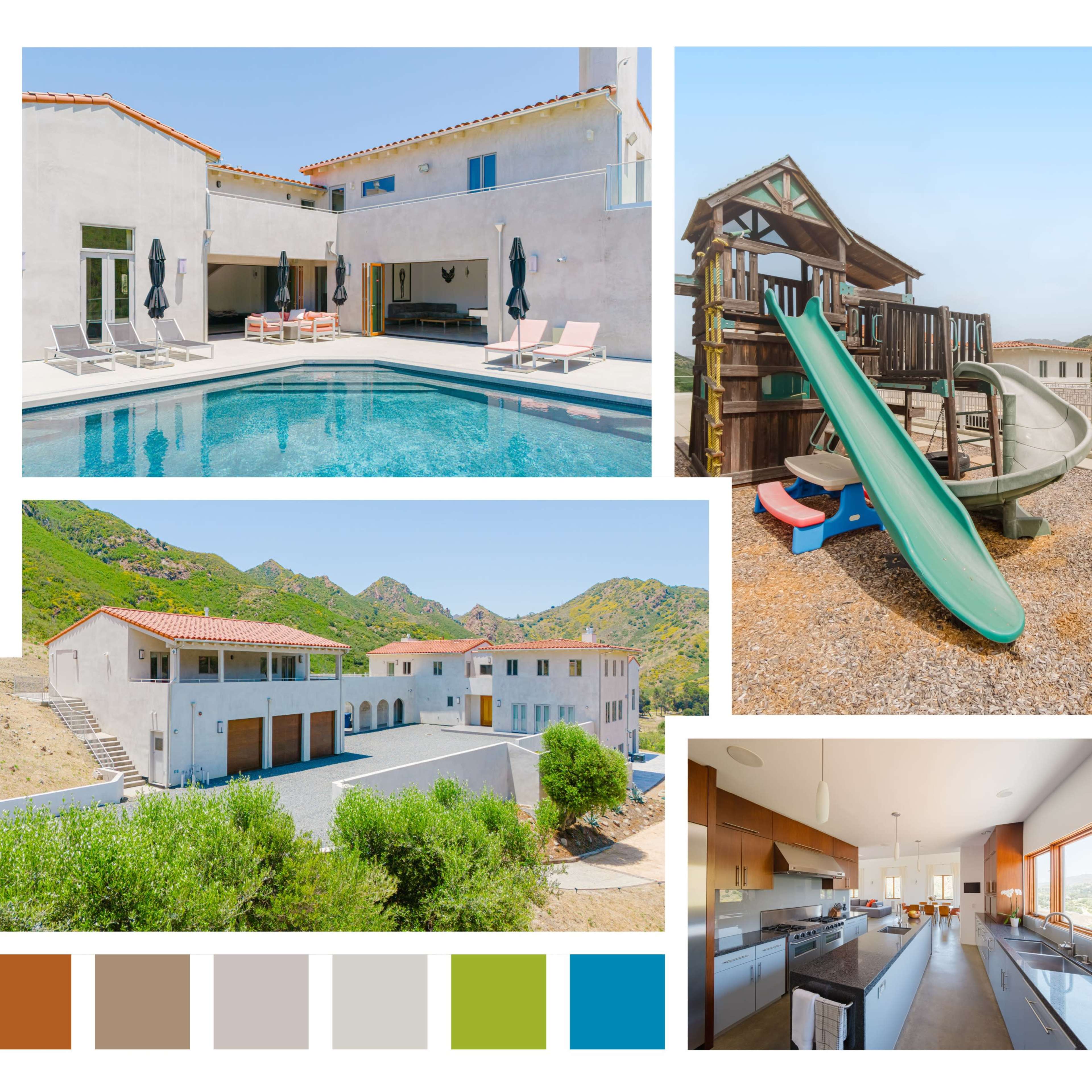 A modern home in a desert landscape, showcasing an outdoor pool, a playground with a slide, and various interior and exterior architectural elements.