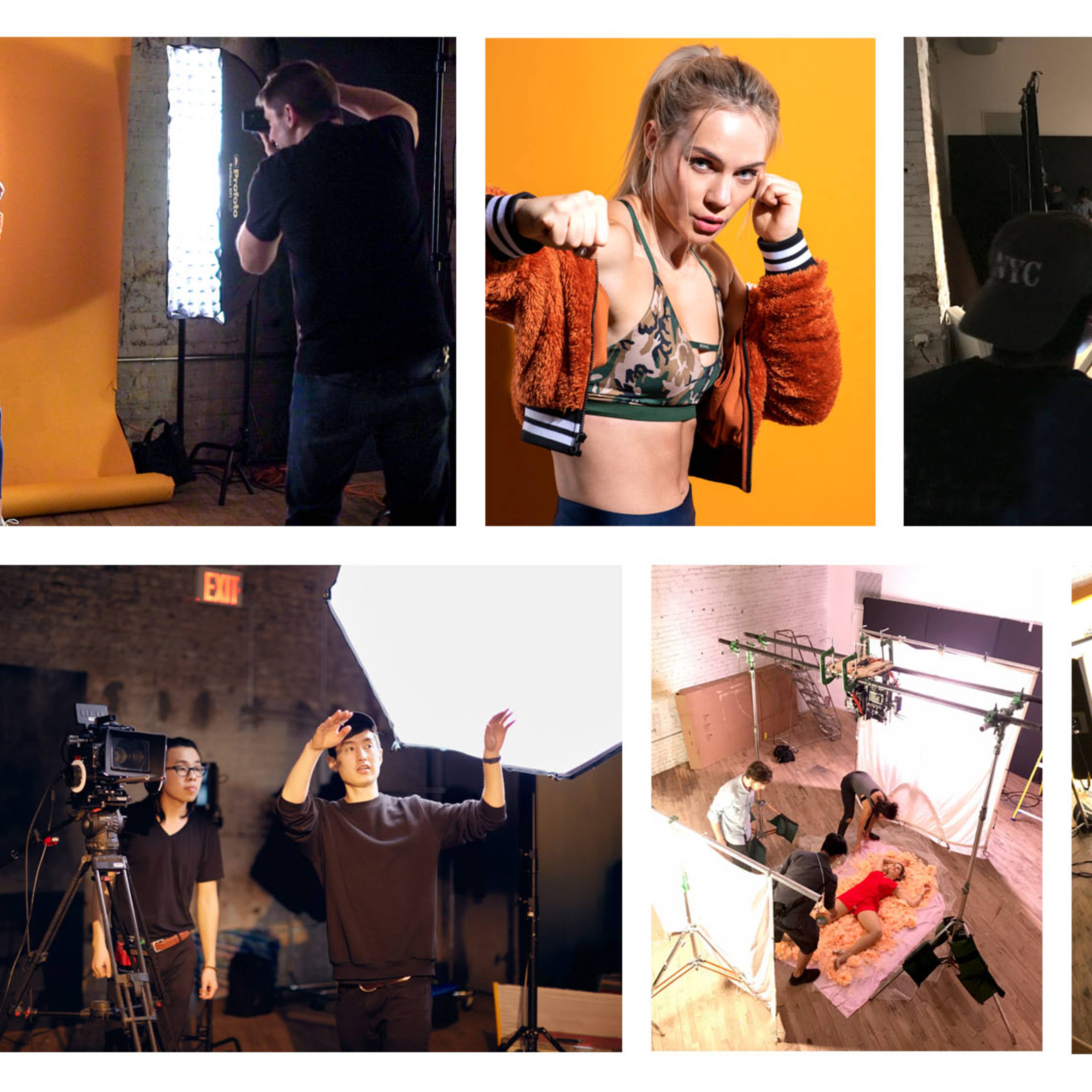 A collage of various behind-the-scenes moments from a photoshoot, featuring models posing, photographers adjusting lighting, and crew members coordinating setups.