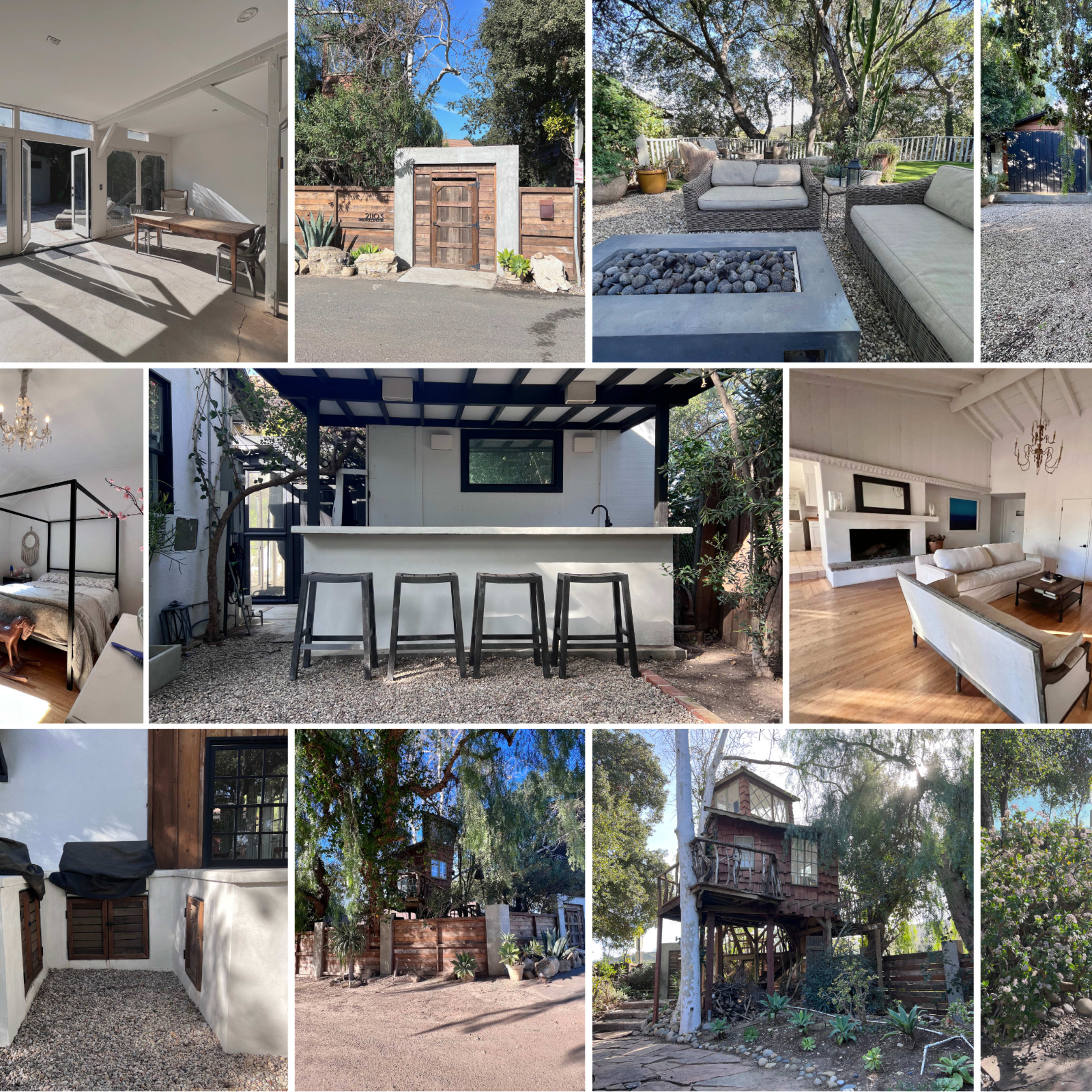 A collage of various outdoor and indoor living spaces, including a modern kitchen, a treehouse, a cozy lounge area, and a minimalist bedroom.