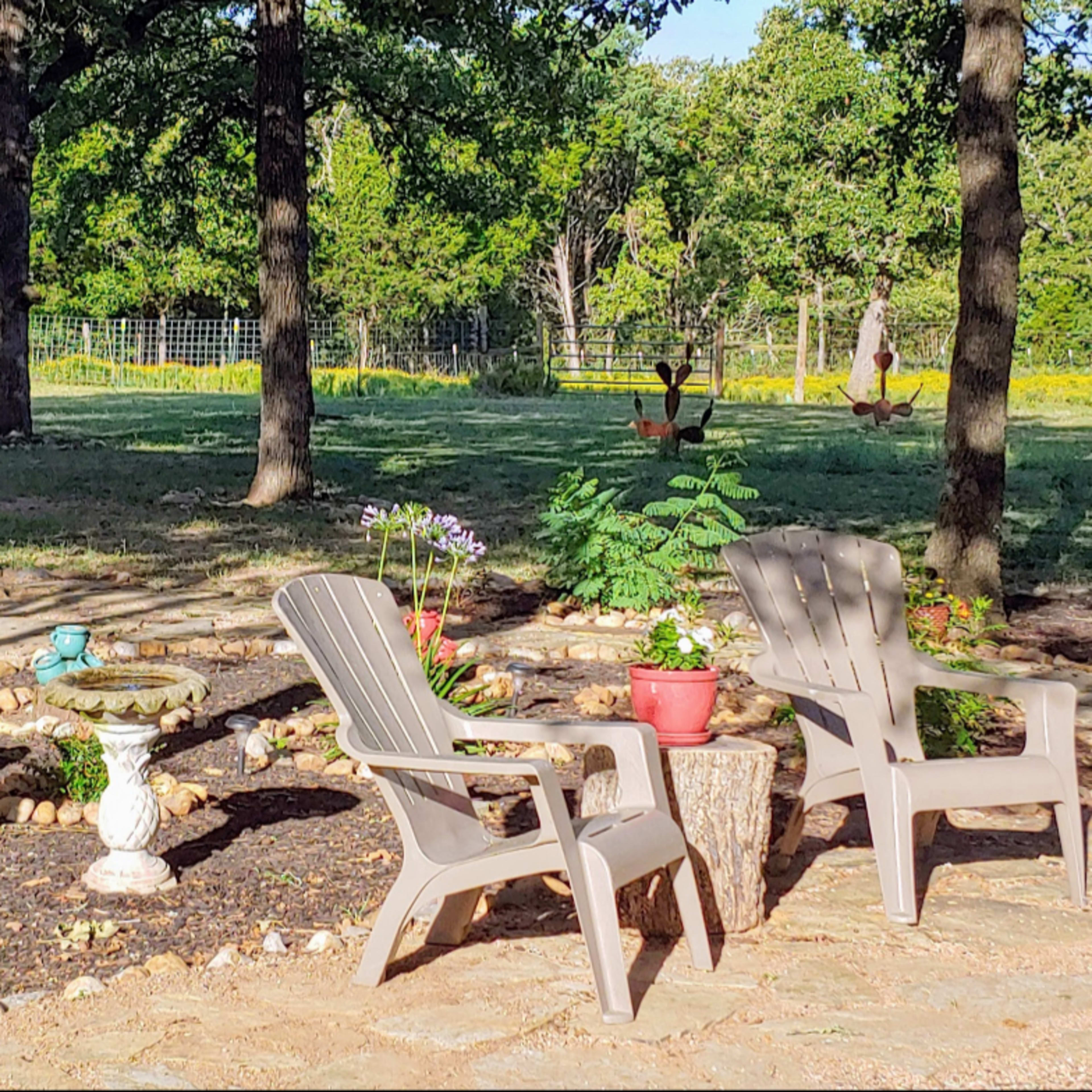 A landscaped outdoor area with two Adirondack chairs, a birdbath, flower pots, and grasslands in the background.