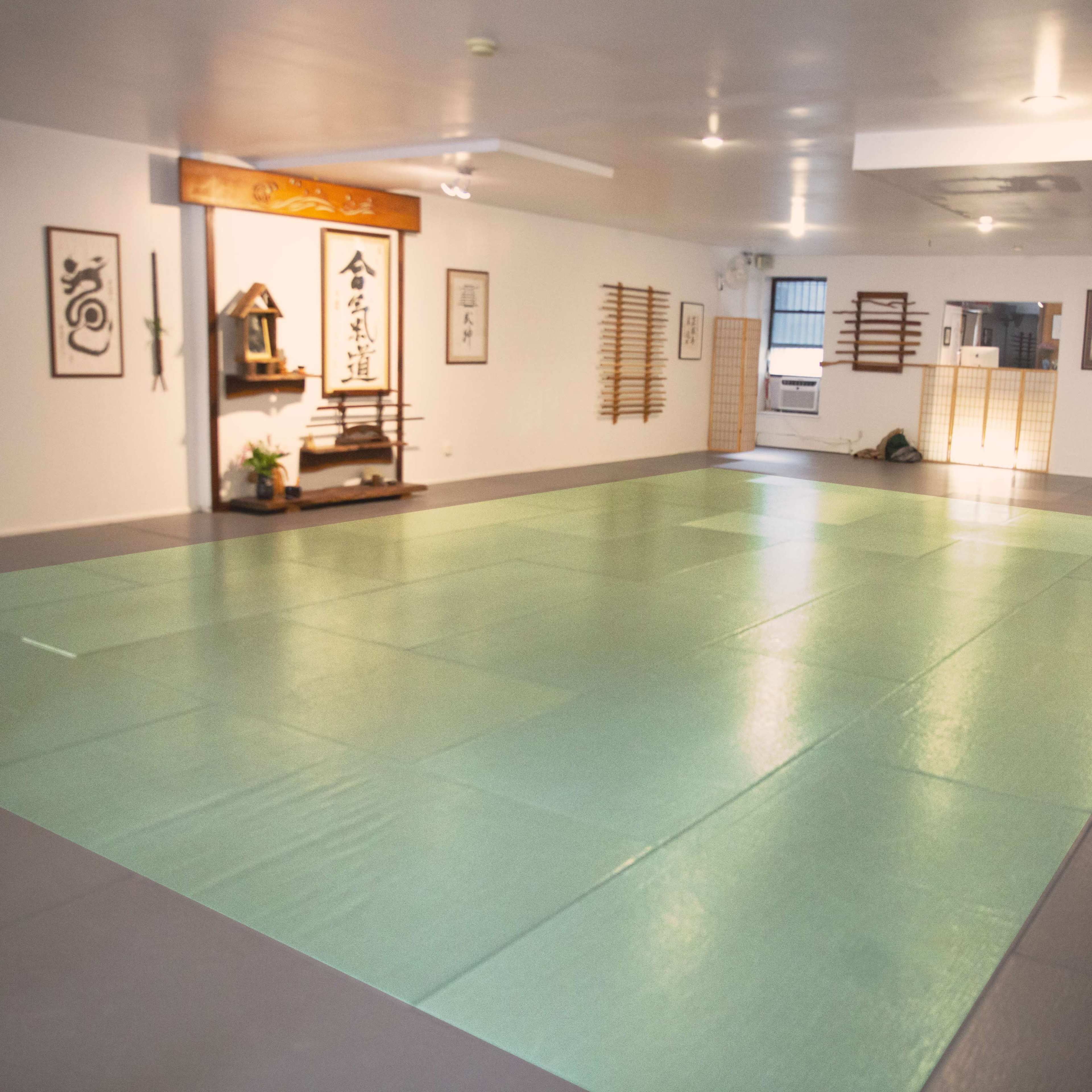 A spacious martial arts studio with green tatami mats and wooden equipment stored on walls.