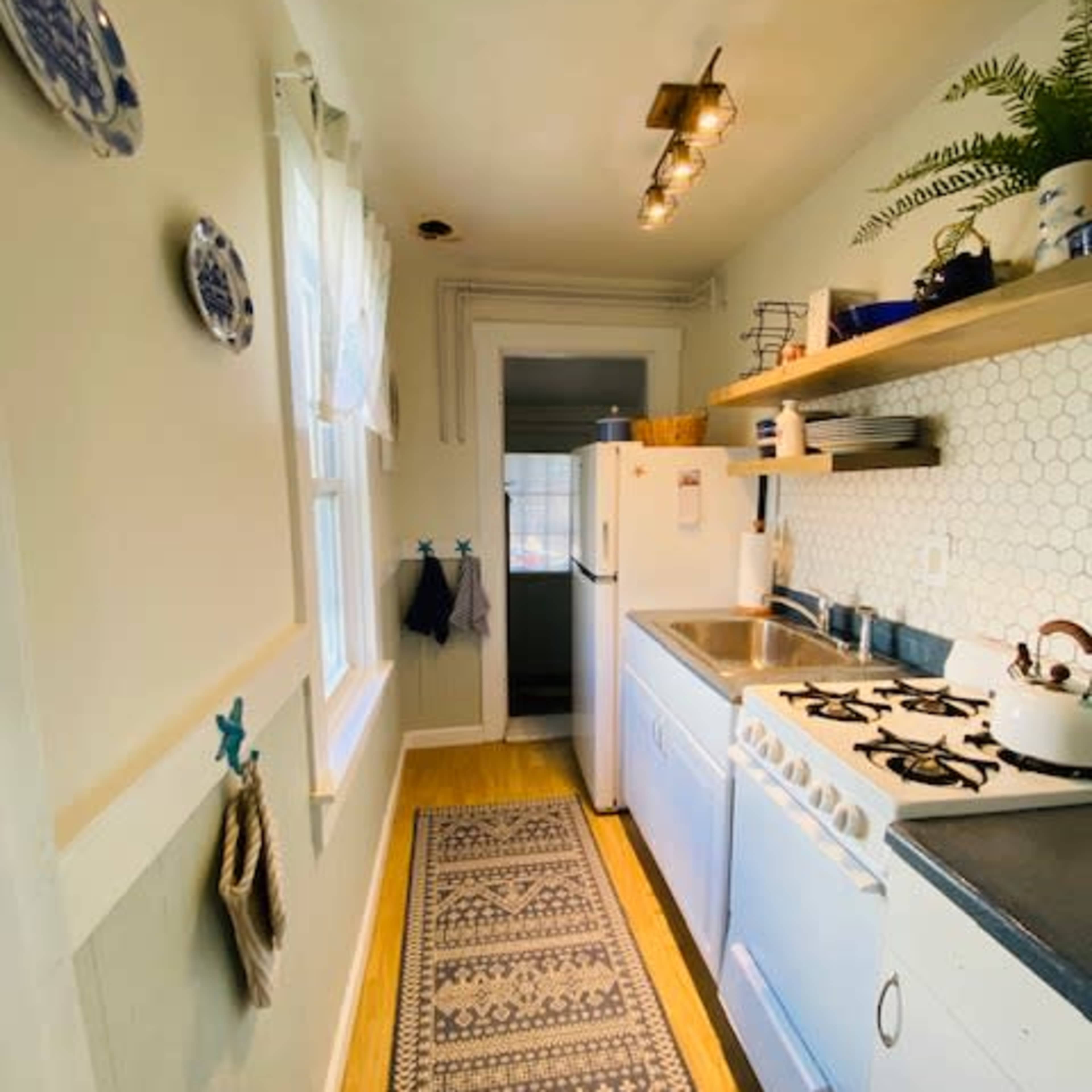 A narrow kitchen with white walls, a blue and white rug, a gas stove, a refrigerator, and open shelving displaying dishes and plants.