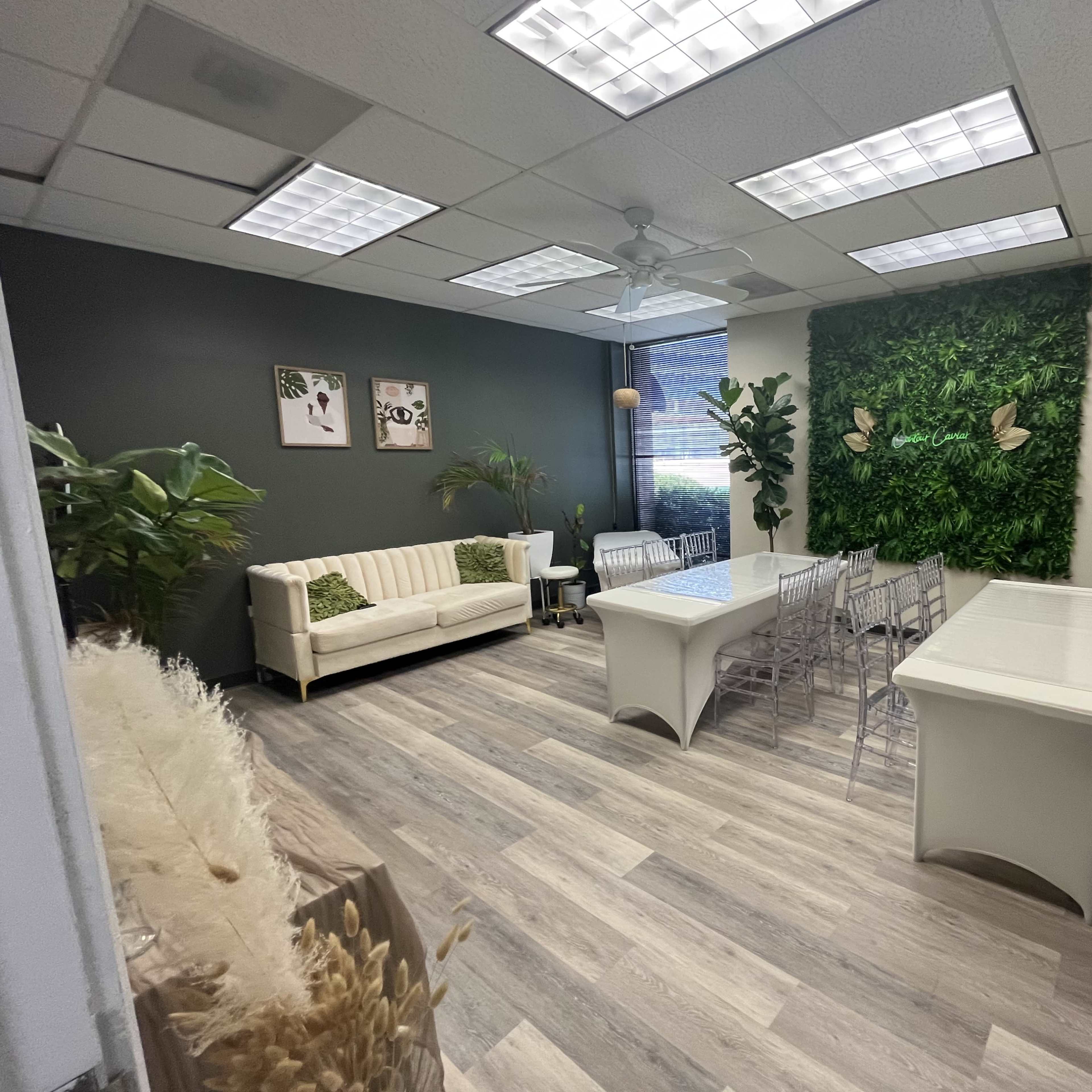 A conference room with a sofa, several transparent chairs, a white table, decorative plants, and a green wall feature.