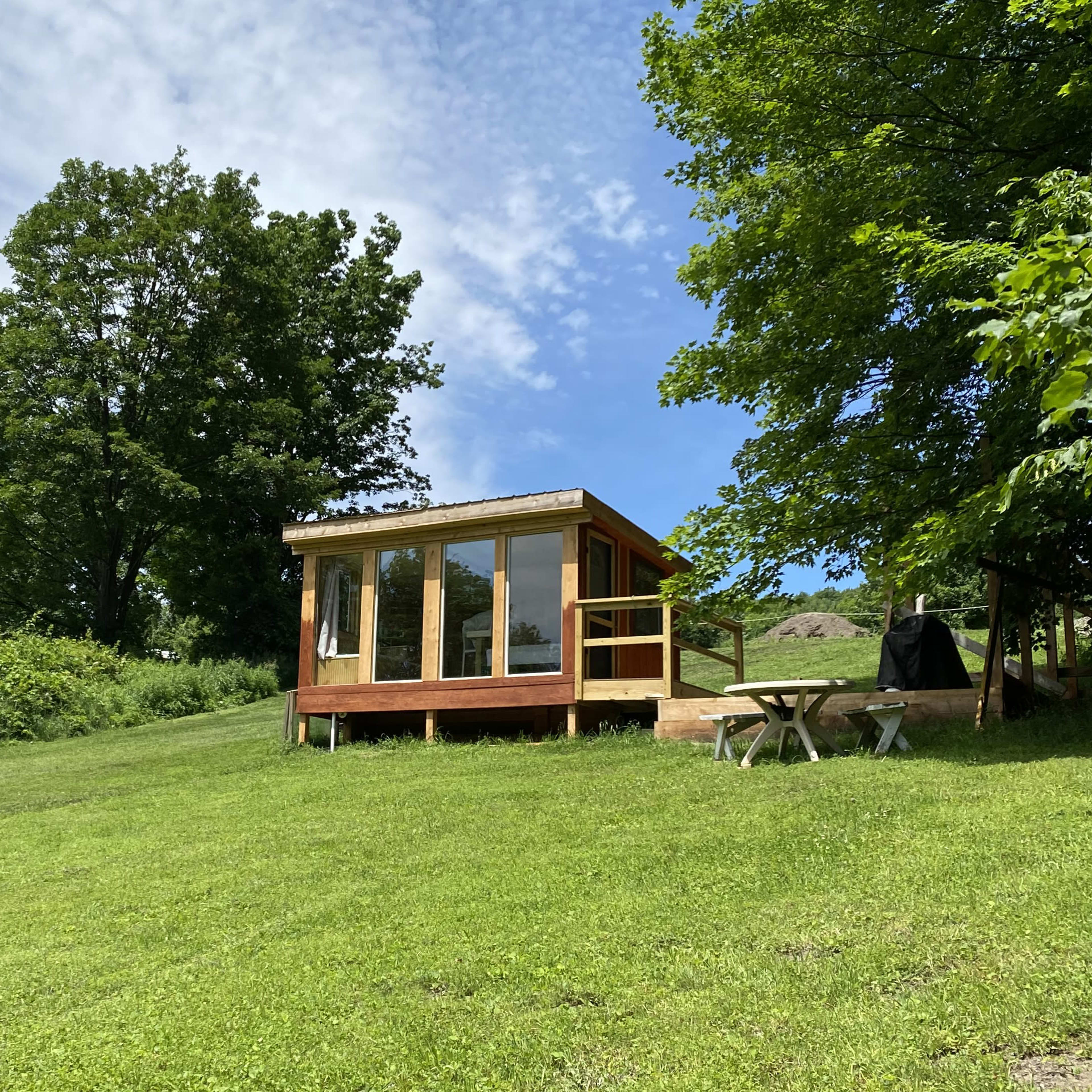 A small cabin with large windows sits on a grassy slope surrounded by trees.